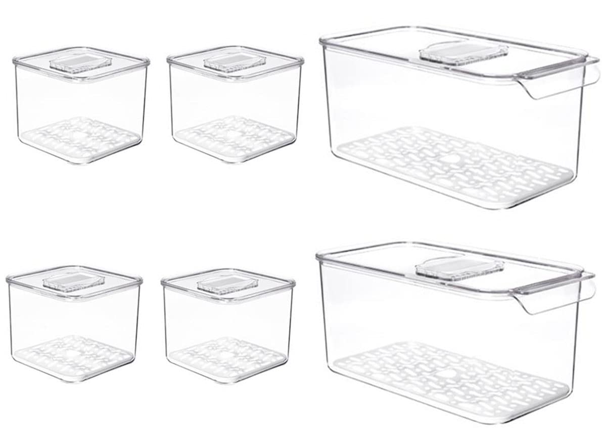 BlitzLabs Stackable Fridge Food Storage Containers with Lids - 6-Piece Set for Fresh Vegetables, Fruits, Berries - Includes Removable Drain Trays & Organizer Bins | Perfect for Kitchen Refrigerator Organization & Produce Preservation