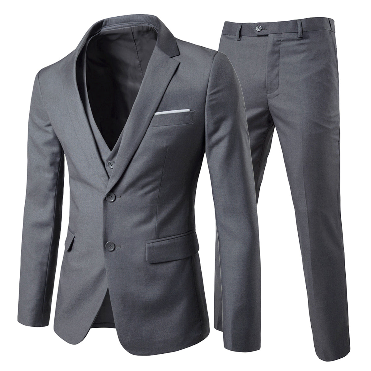 3 Piece Notched Lapel Casual Suit for Men - Slim Fit Business Blazer & Pants Set in Dark Gray - Perfect for Office, Weddings & Formal Events