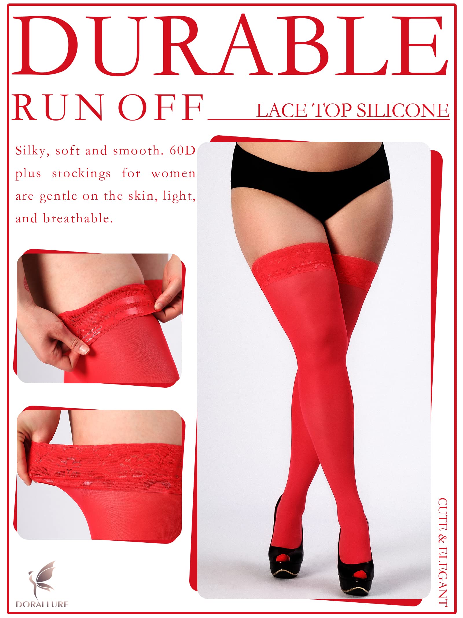 DORALLURE Plus Size Thigh High Stockings for Women - Silicone Lace Top Stay Up, Silky Nylon Pantyhose with Non-Slip Grip | Perfect for Weddings, Date Nights & Office Wear