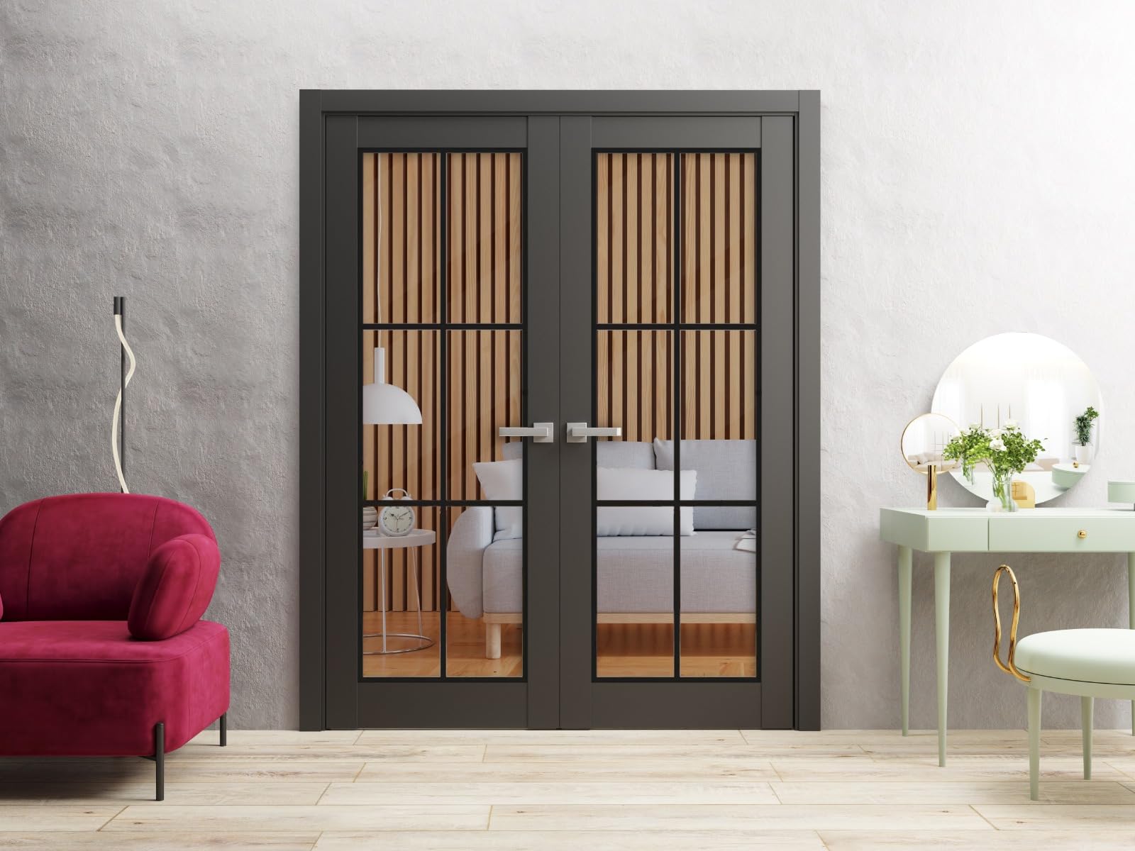 Lucia 2366 Matte Black Slab Barn Door with Clear Glass Panel - Premium Sturdy Sliding Closet Doors for Bedroom, Bathroom & Home Office