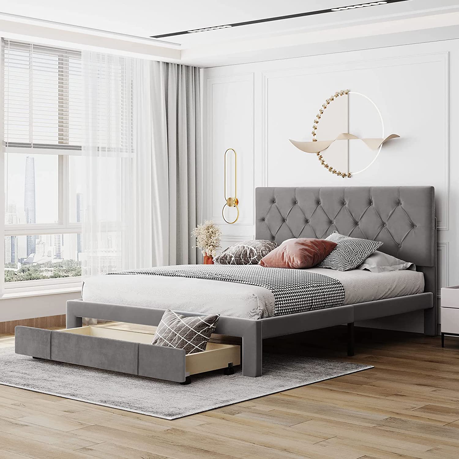 Queen Size Storage Bed Frame with Velvet Upholstery & Wooden Slats - No Box Spring Needed, Easy Assembly Platform Bed for Master Bedroom (Grey) | Modern Bedroom Furniture for Small Spaces & Guest Rooms