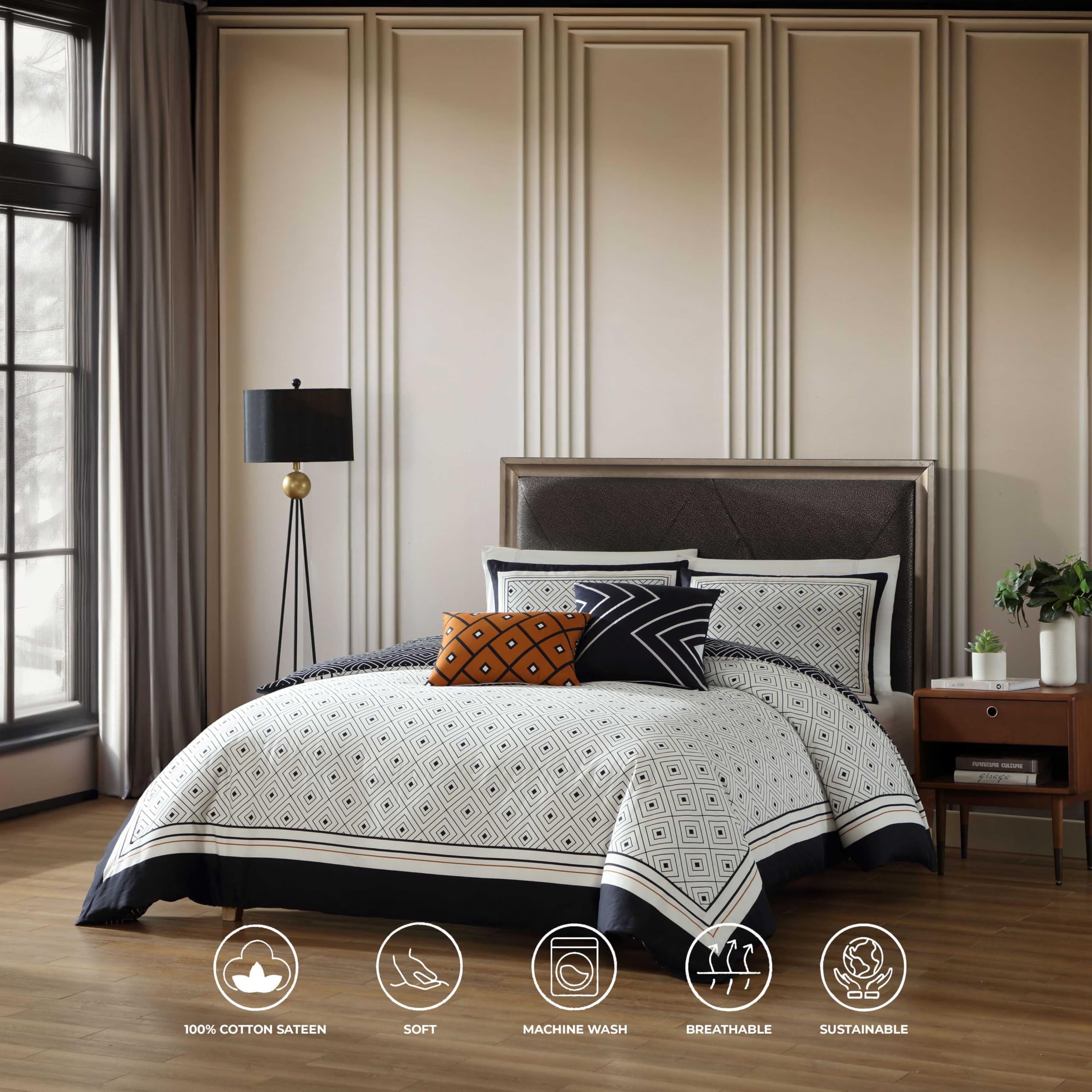 Bebejan Geometric Black and White 5-Piece King/Cal King Comforter Set - 100% Cotton Sateen, 200 Thread Count, Reversible Bedding with 1 Comforter, 2 Shams & 2 Pillows - Perfect for Modern Bedroom Decor & Guest Room Styling