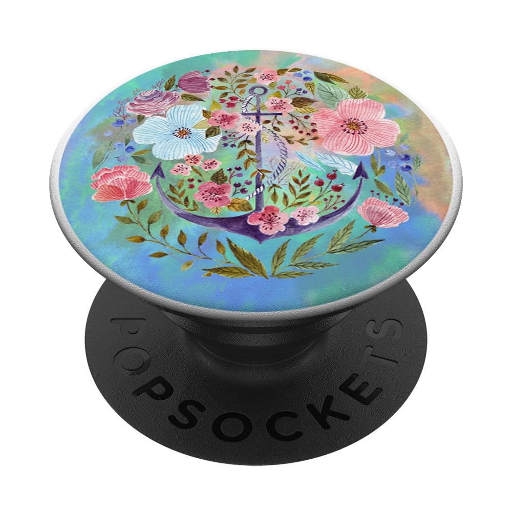Colorful Watercolor Floral Anchor Ocean Coral Sailor Gift PopSockets Adhesive PopGrip - Perfect for Phones, Tablets & Laptops - Great Gift for Sailors & Beach Lovers
