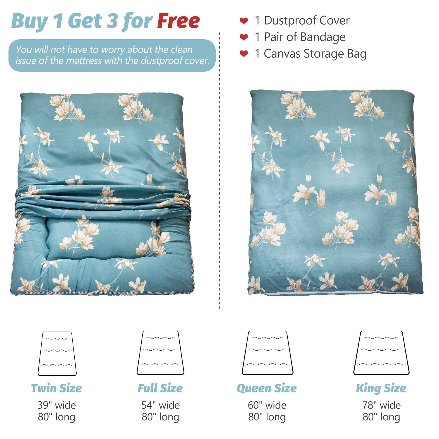 MAXYOYO Floor Mattress - Foldable Futon Mattress for Easy Storage, Floral Printed Rustic Style - Perfect for Guest Beds, Camping & Small Space Living