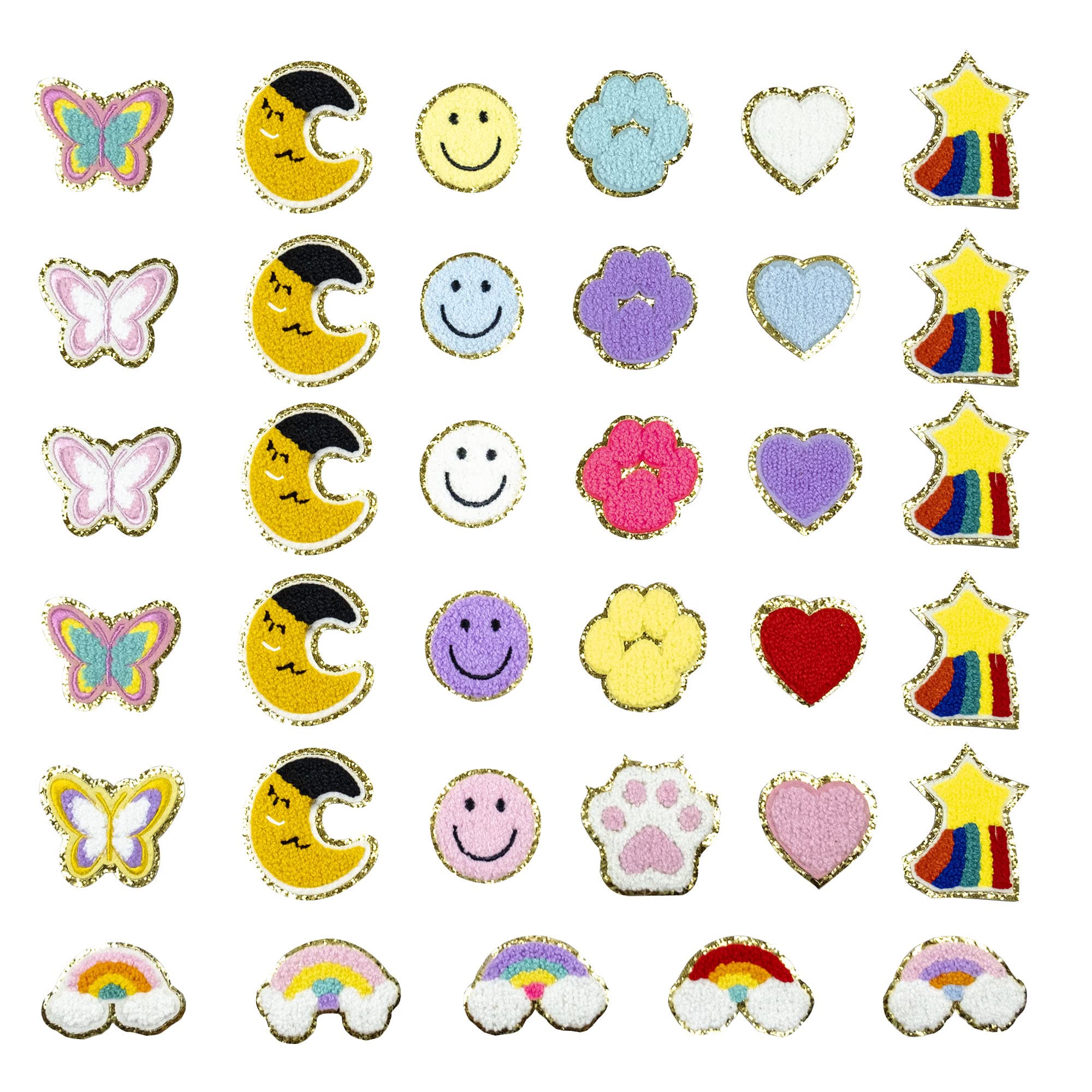 35 PCS Chenille Iron-On Patches for Clothing - Cute Smiley Face, Heart, Rainbow, Star, Cat & Dog Paw Embroidery Appliques - DIY Sewing & Fabric Crafts - Perfect for Jackets, Backpacks, Jeans & Kids' Clothing