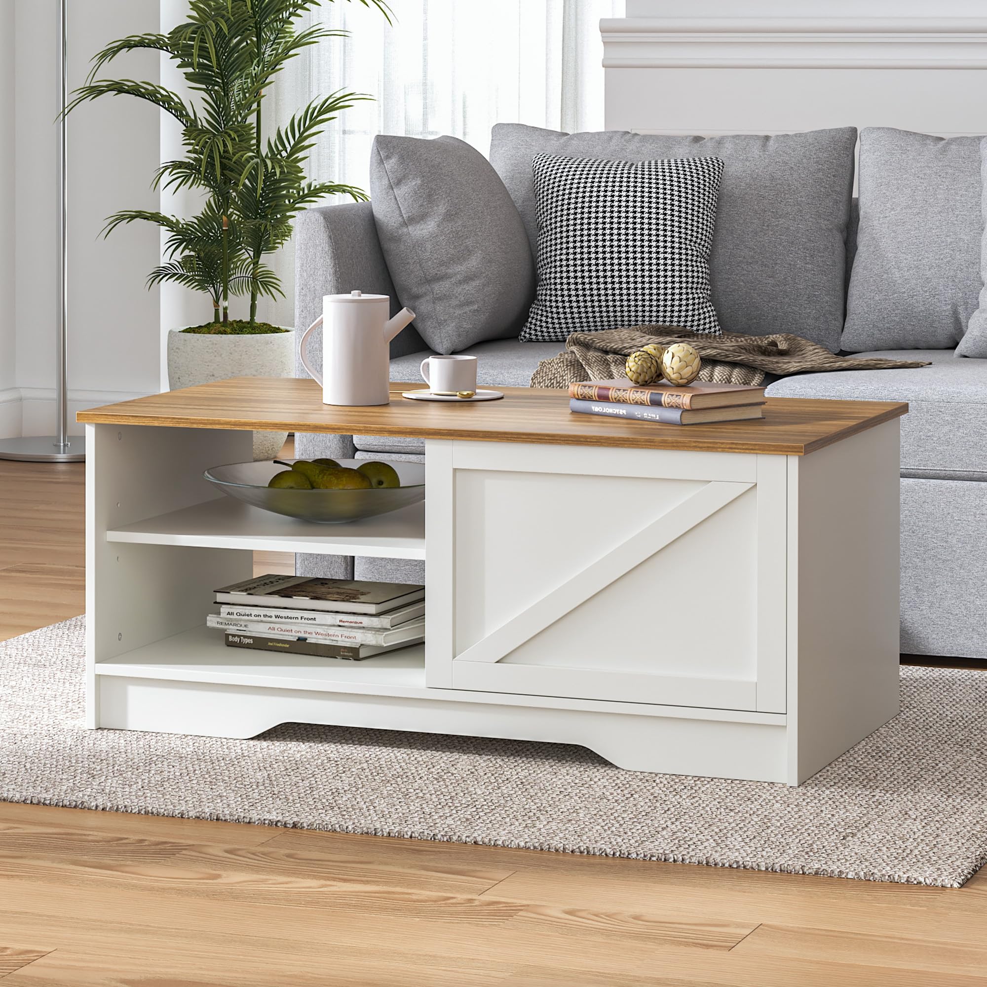 Rustic Farmhouse Coffee Table with Barn Doors - White & Walnut Finish - 42 Inch Modern Center Table with Cabinet & Adjustable Shelf - Perfect for Living Room, Office, or Farmhouse Decor - Durable & Stylish Home Furniture