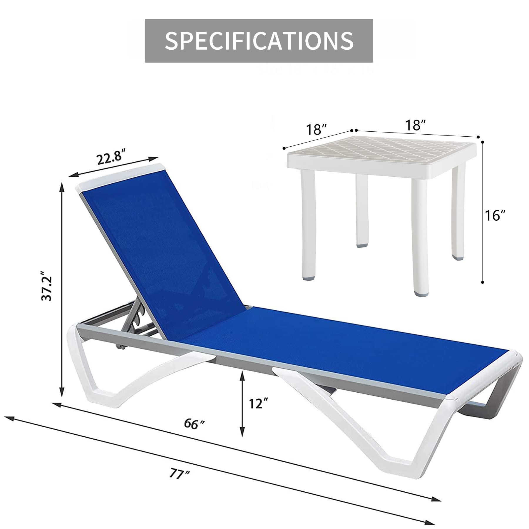 **Domi Outdoor Living Adjustable Aluminum Patio Chaise Lounge - Lightweight Plastic Pool Lounge Chair Set (2 Blue Lounges with Side Table) - Perfect for Backyard, Poolside & Beach Relaxation**