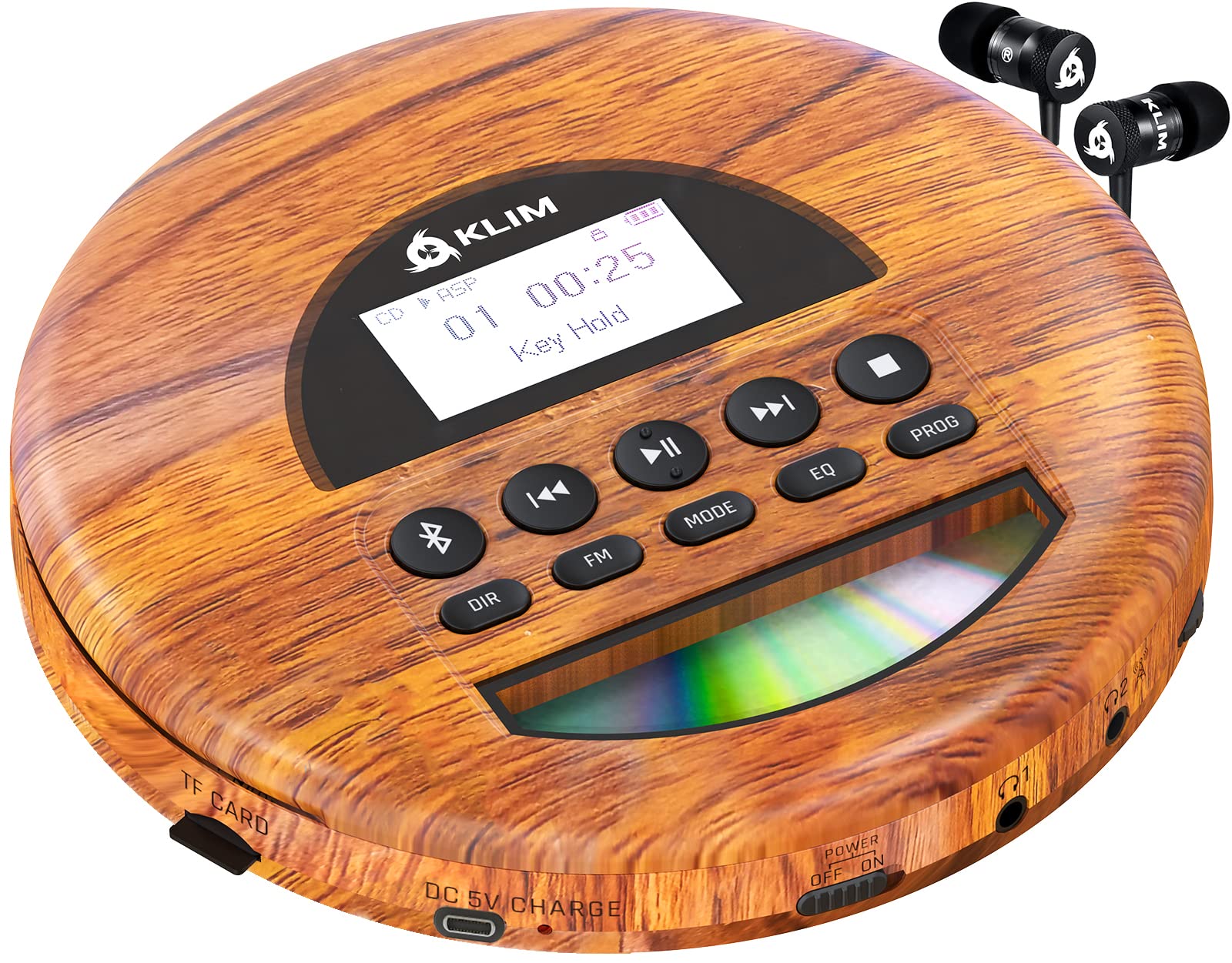 KLIM Nomad Wood Portable CD Player Walkman with FM Radio & Bluetooth - Long-Lasting Battery, Includes Headphones, MP3 & TF Card Compatible - Perfect for Car Rides, Travel & Outdoor Activities (2024 New Model)