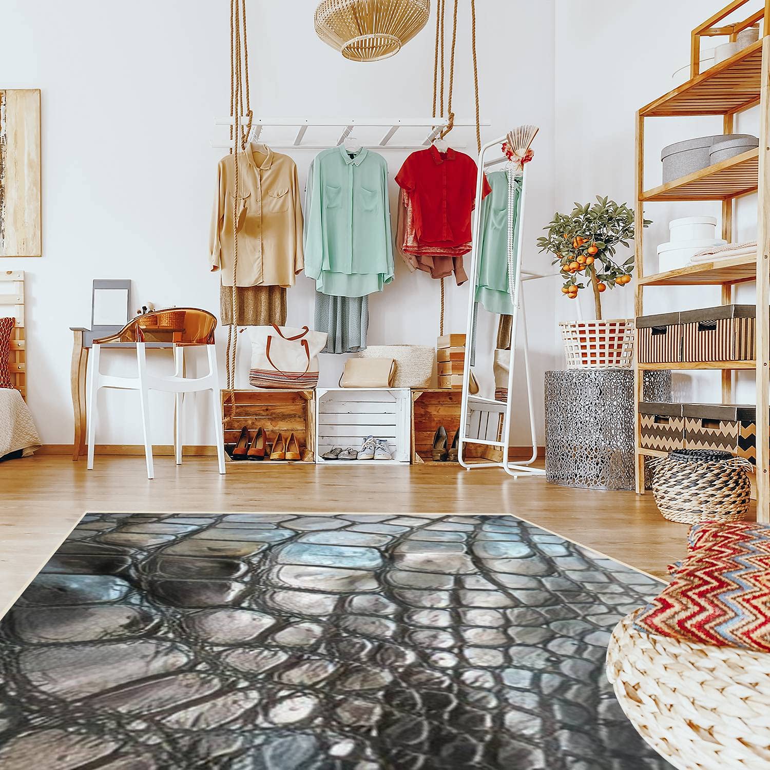 Modern Abstract Area Rug - Stain Resistant Crocodile Texture Carpet for Living Room, Bedroom, Kitchen & Bathroom - Soft Rectangular Home Decor Mat for Cozy Spaces & High Traffic Areas