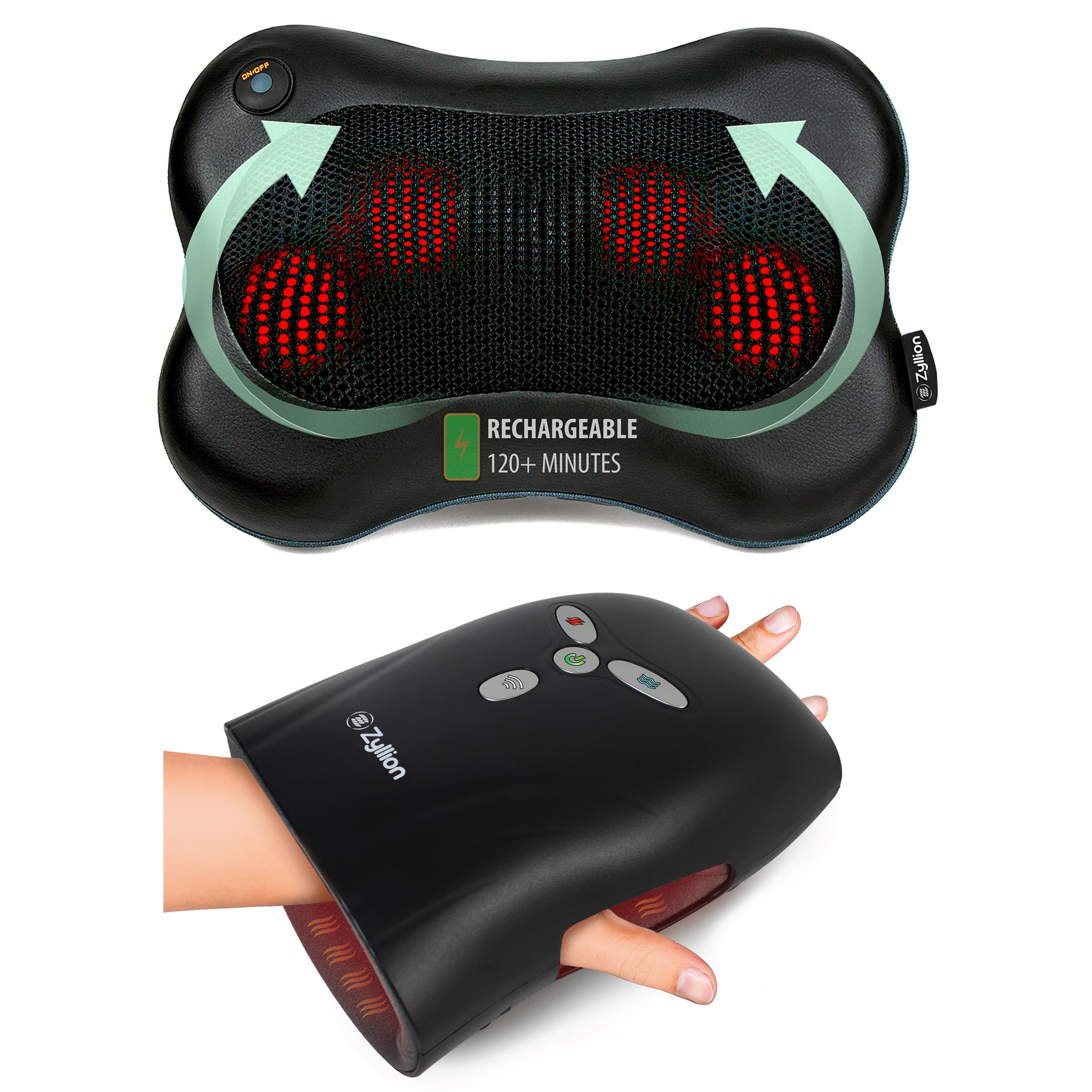 Zyllion Shiatsu Back and Hand Massager Set - Deep Tissue Kneading for Neck, Shoulder, Back Pain Relief - Perfect for Home, Office & Car Use (Black)