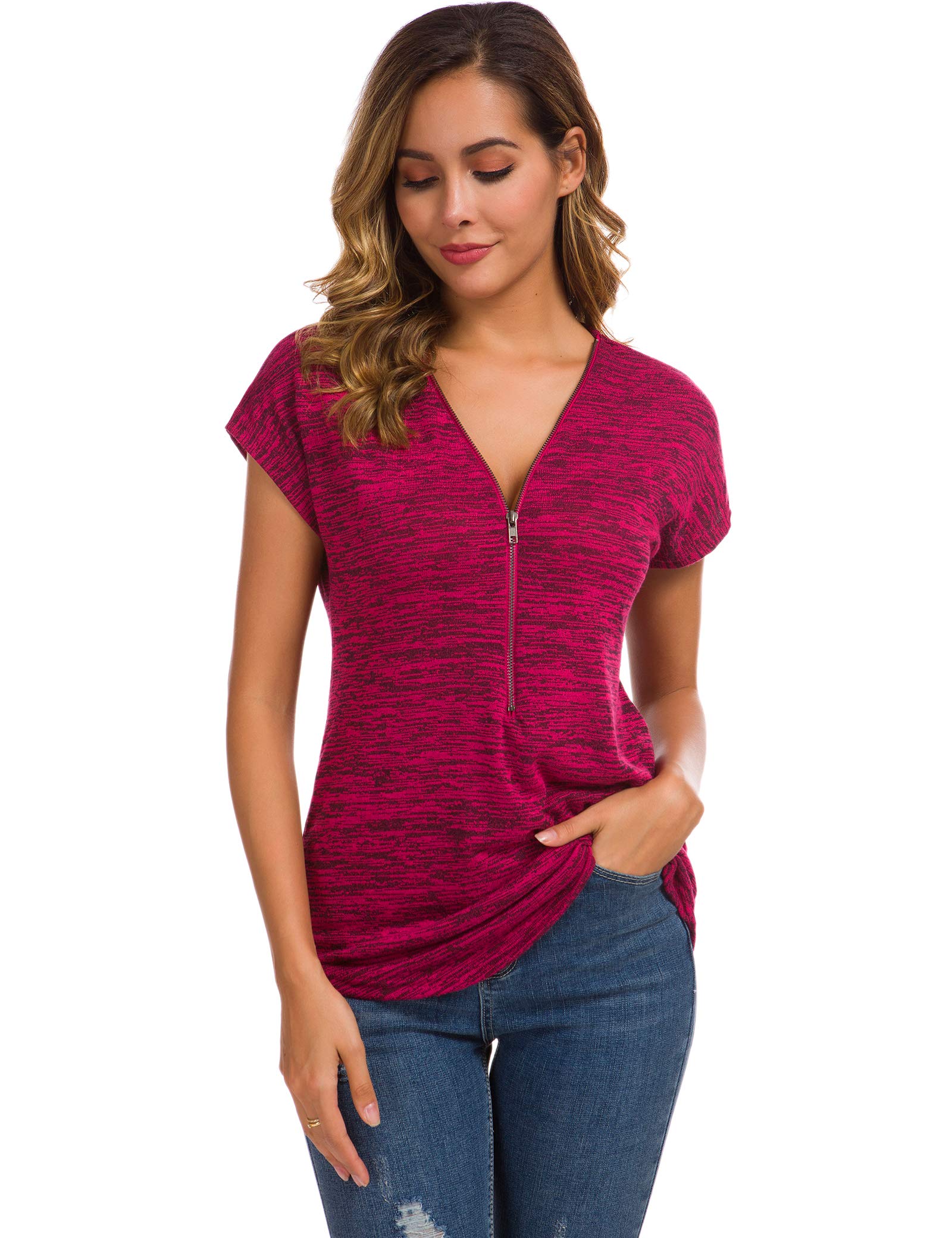 LUSMAY Women's Casual V-Neck Short Sleeve Tunic Top - Loose Fit Zipper Blouse for Summer | Perfect for Work, Travel & Everyday Wear