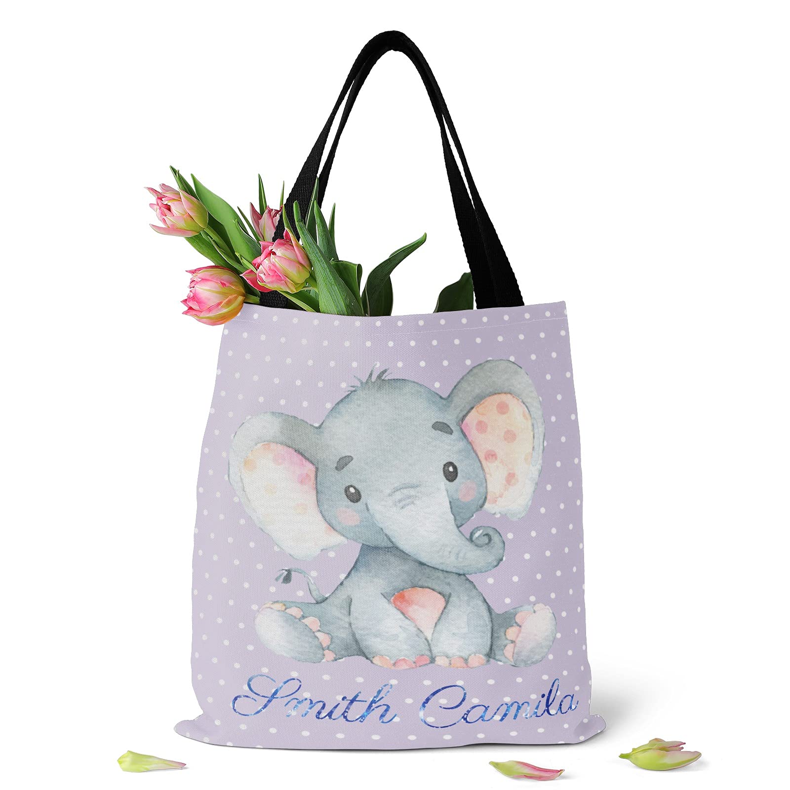 Personalized Name Tote Bag - Sunflower Elephant Canvas Handbag for Shopping & Travel