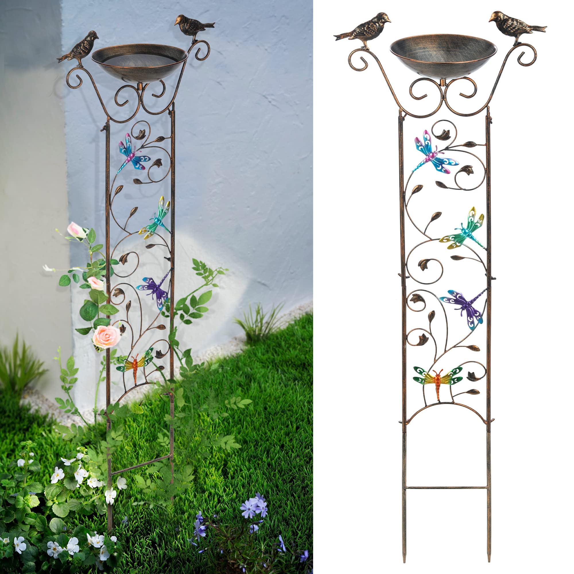 Antique Iron Garden Trellis with Detachable Bird Bath Bowl - Decorative Dragonfly Design for Climbing Plants - Outdoor Metal Plant Support for Roses, Vines & Flowers - Perfect for Patio, Backyard & Garden Decor