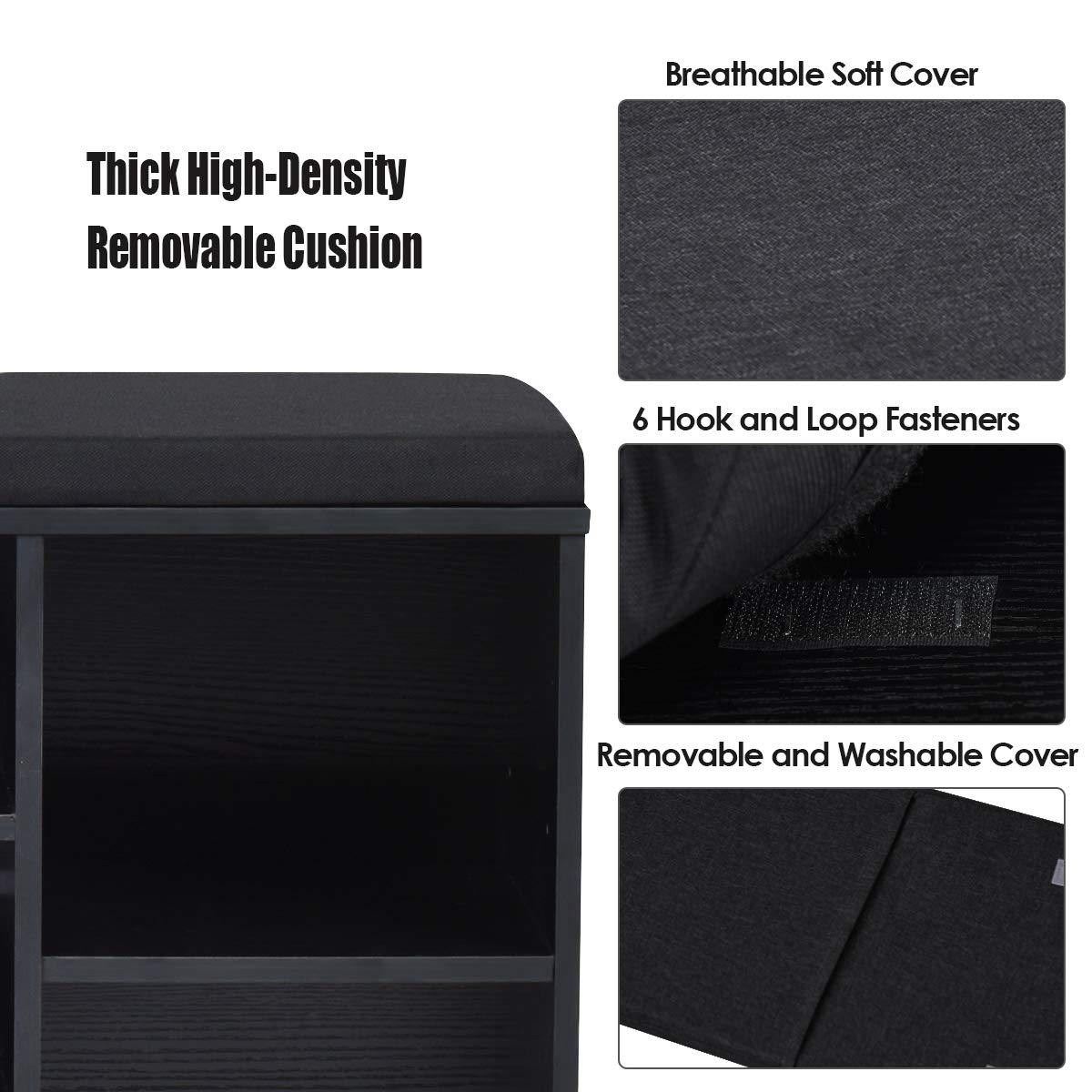 KOTEK 10-Cube Wooden Shoe Bench with Cushion - Adjustable Shelf Shoe Storage Cabinet Organizer for Entryway, Living Room, Bedroom - Perfect for Small Spaces & Home Organization (Black)
