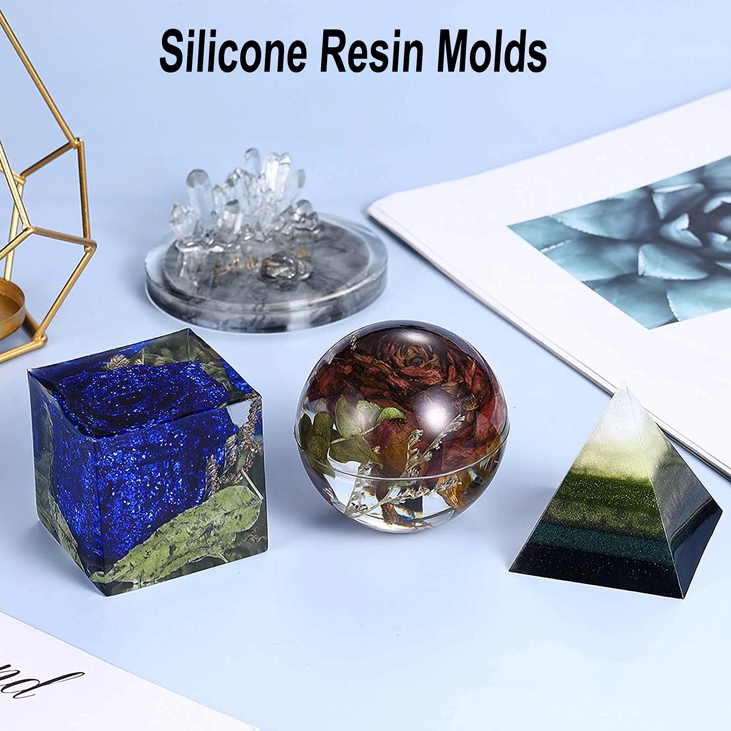 18Pcs Silicone Resin Molds Set - Epoxy Casting Molds for DIY Soap Making, Candle Making, Paperweights & Resin Art (Includes Sphere, Pyramid, Cube, Diamond Shapes) + Silicone Measuring Cups & Wooden Sticks - Perfect for Home Crafts, Gift Making & Creative Projects