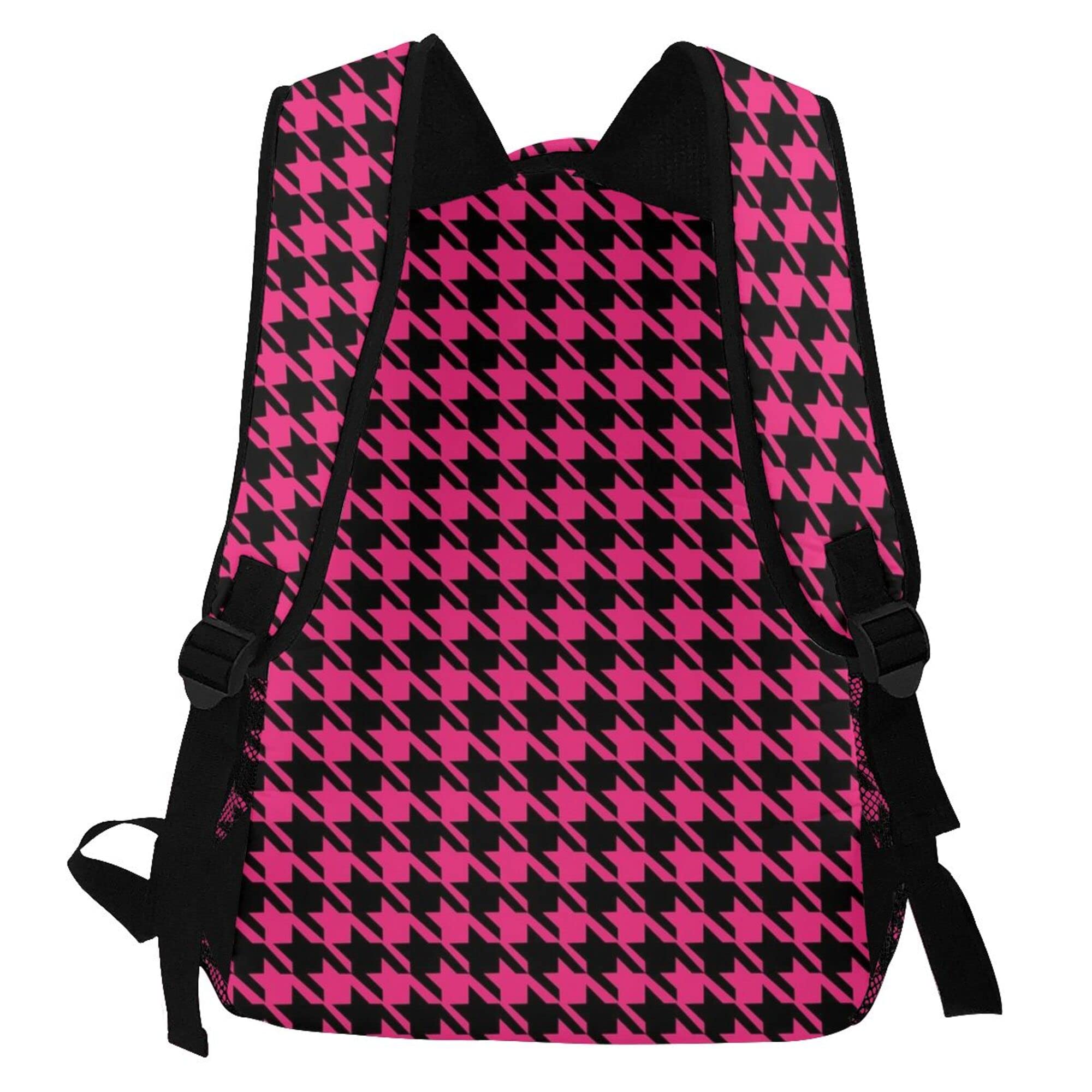 Stylish Houndstooth Pink Travel Backpack for Women & Men - Adjustable College Backpack for School, Work & Outdoor Adventures | Perfect for Commuting, Hiking & Daily Use