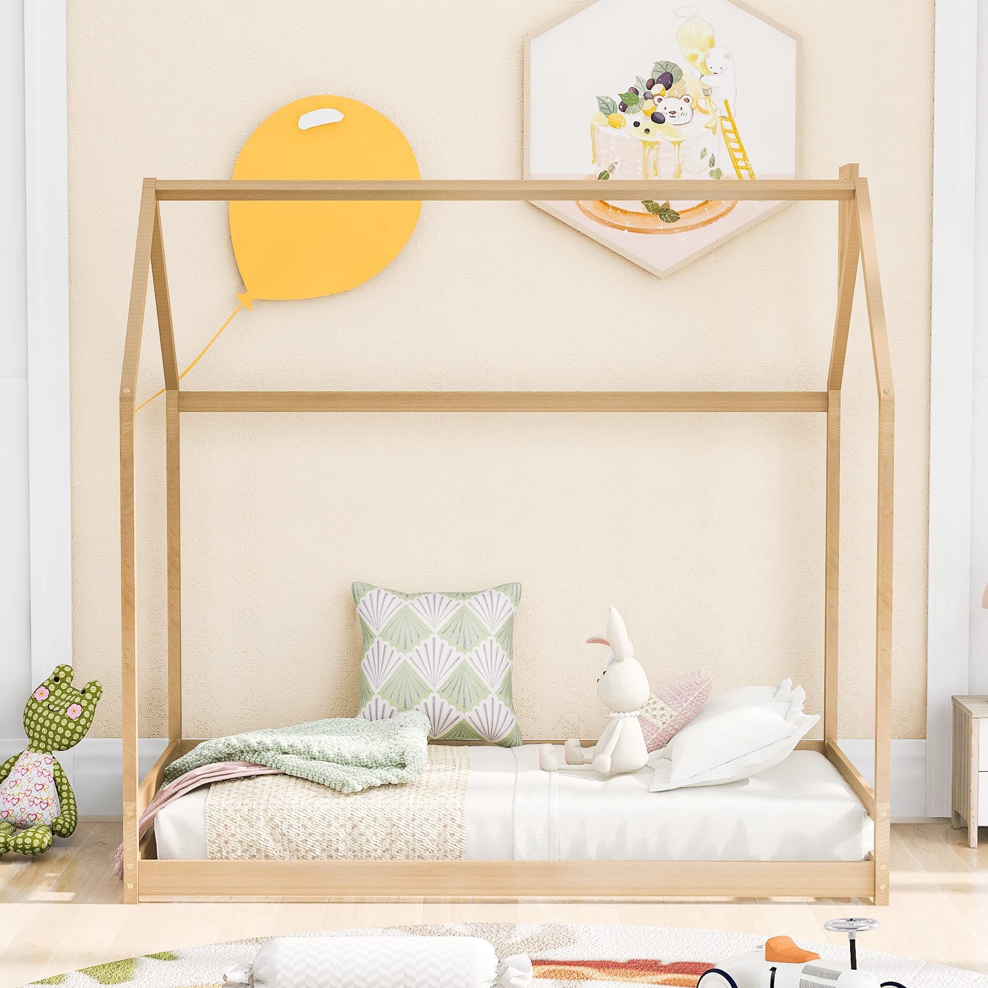 LZ LEISURE ZONE Twin House Bed Frame - Solid Wood Kids Bed with Playhouse Design for Toddlers & Children (Natural Finish) - Perfect for Bedrooms, Playrooms & Montessori Learning Spaces