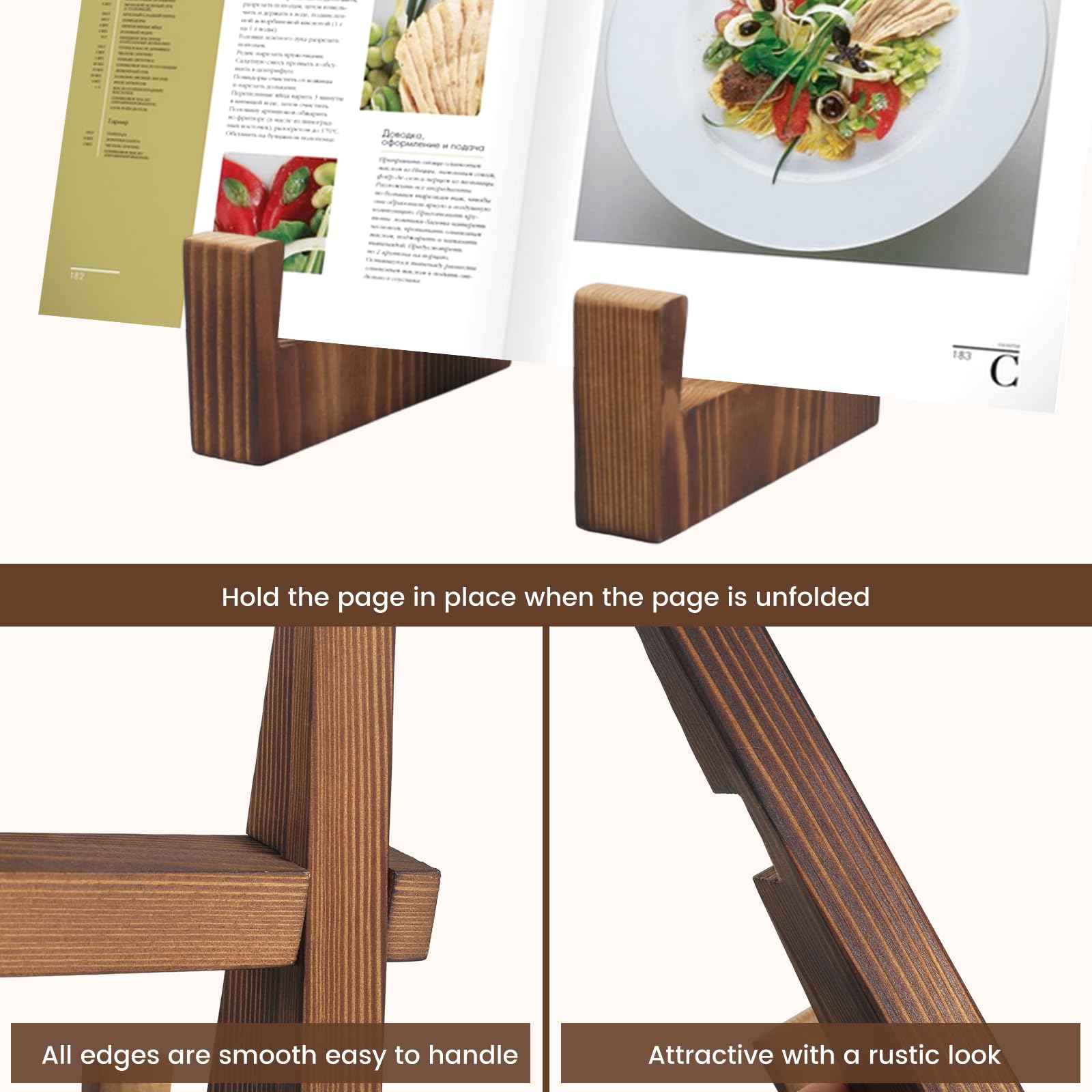 Wooden Cookbook Stand for Kitchen - Rustic Counter Holder (8.8inch) for Easy Cooking