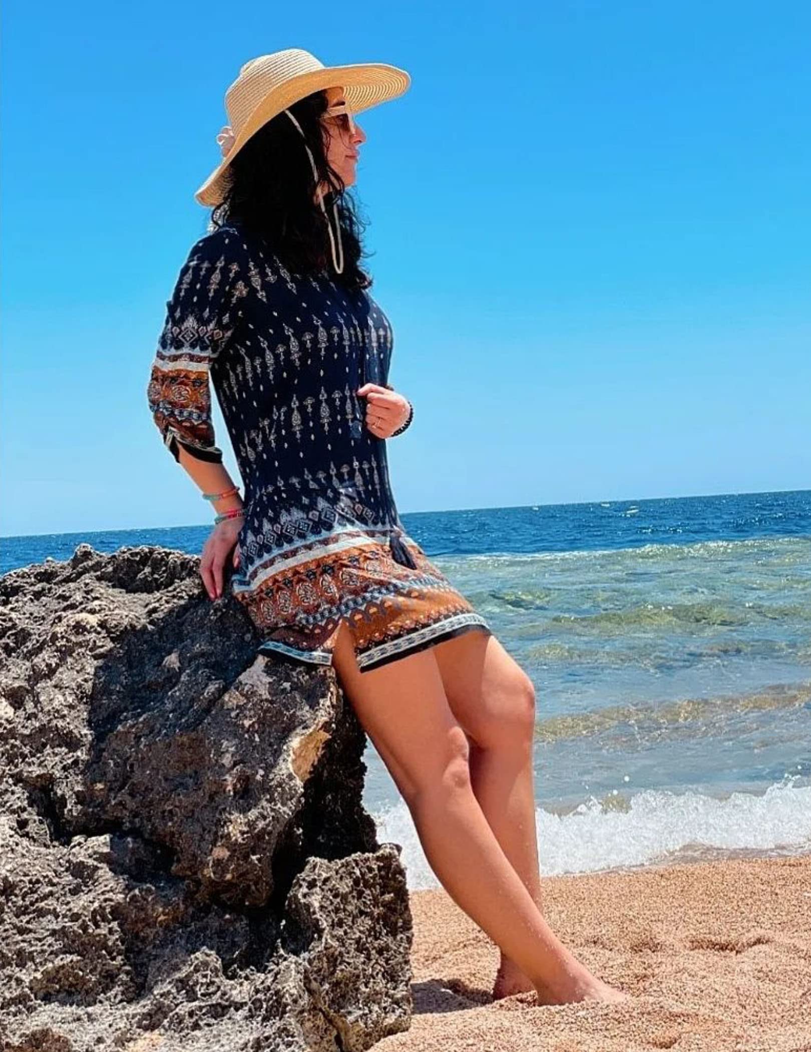 Zeagoo Women's Bohemian Floral Print 3/4 Sleeve Summer Casual Dress - Beach Cover Up, Vacation Outfit, Lounge Wear for Ladies