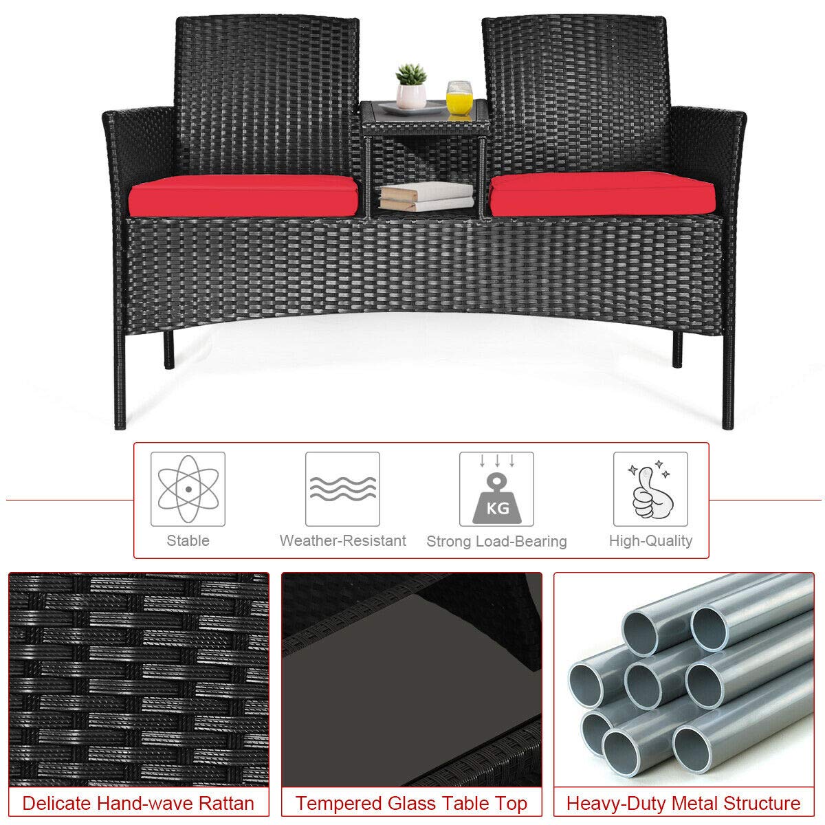 Relax4Life Outdoor Rattan Wicker Conversation Set with Coffee Table & 2 Removable Cushion Chairs - Patio, Garden, Balcony, Lawn Furniture for Porch, Backyard & Poolside (Black & Red)