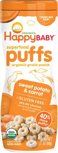 Happy Baby Organic Superfood Puffs - Sweet Potato & Carrot Flavor, 2.1oz Canister | Healthy Crunchy Snack for Babies & Toddlers | Supports Brain & Eye Development with Choline | Perfect for On-the-Go, Daycare & Travel Snacking