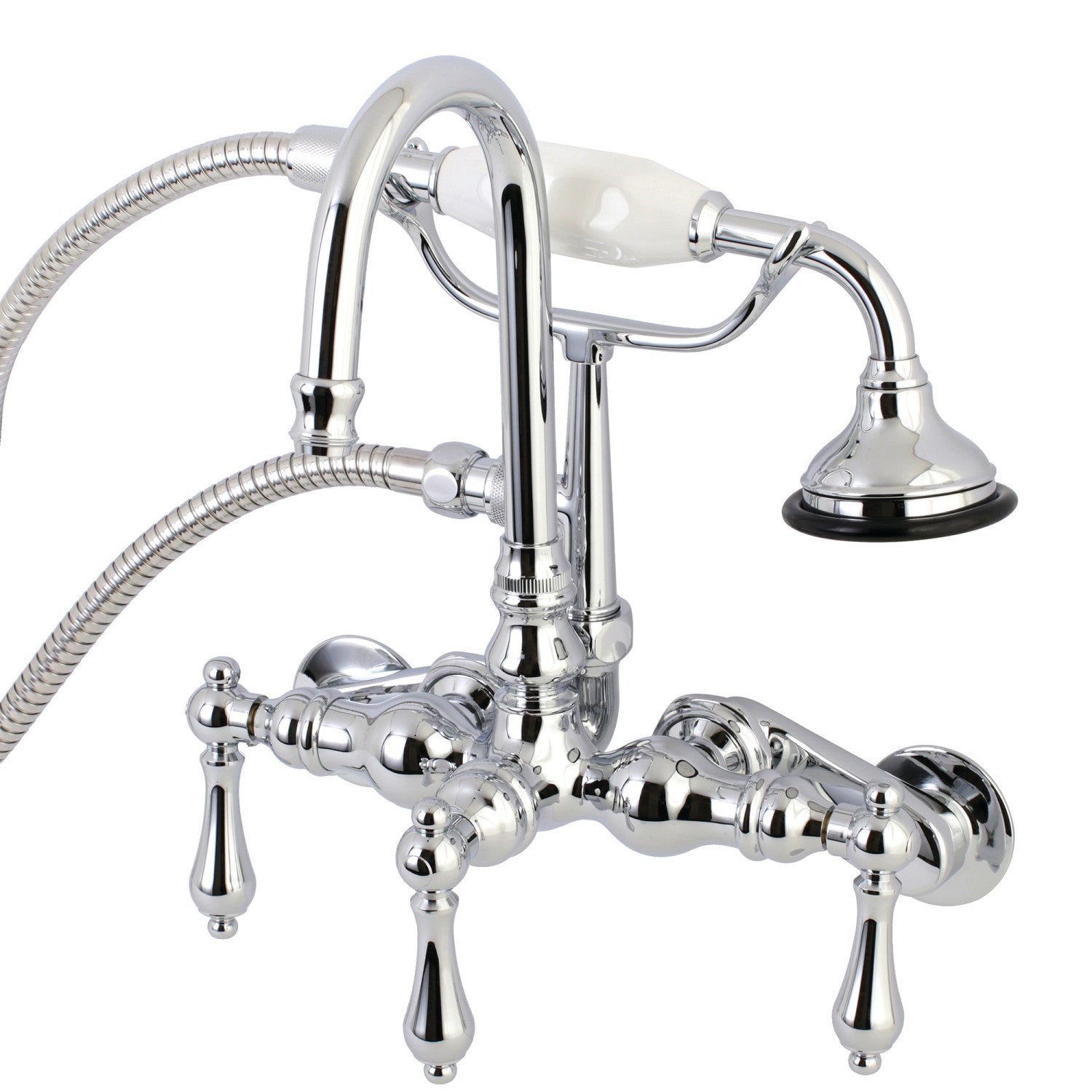 Vintage Style 3-Handle Wall Mount Clawfoot Bathtub Faucet with Hand Shower - Polished Chrome Finish - Perfect for Antique Bathroom Renovations and Luxury Spa Retreats