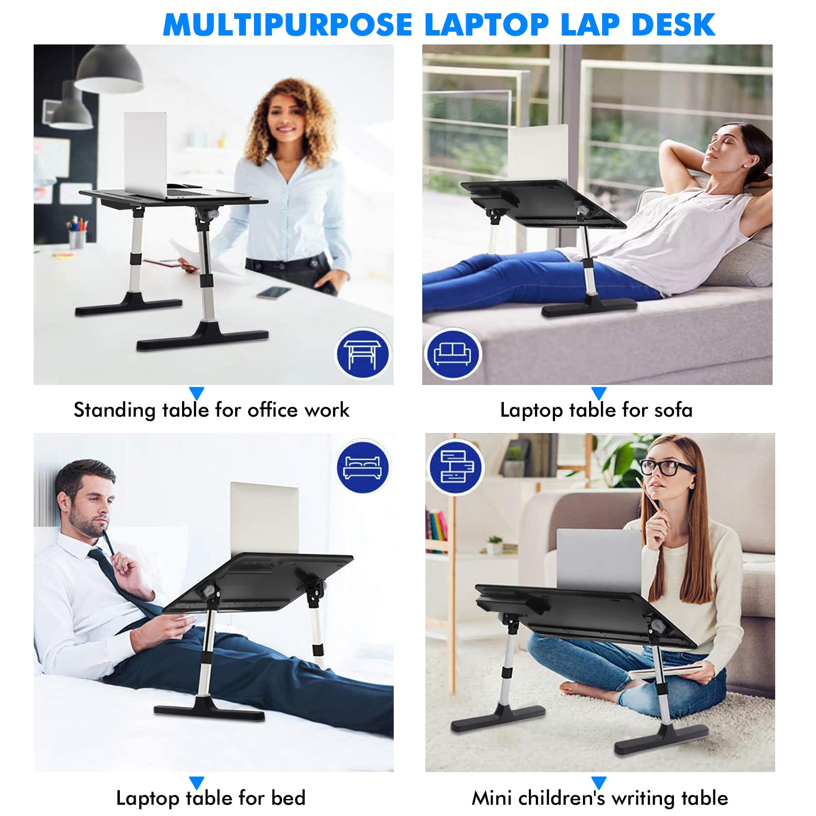 Adjustable Foldable Laptop Bed Tray with Storage Drawer & Phone Holder - Portable Bed Desk for 17