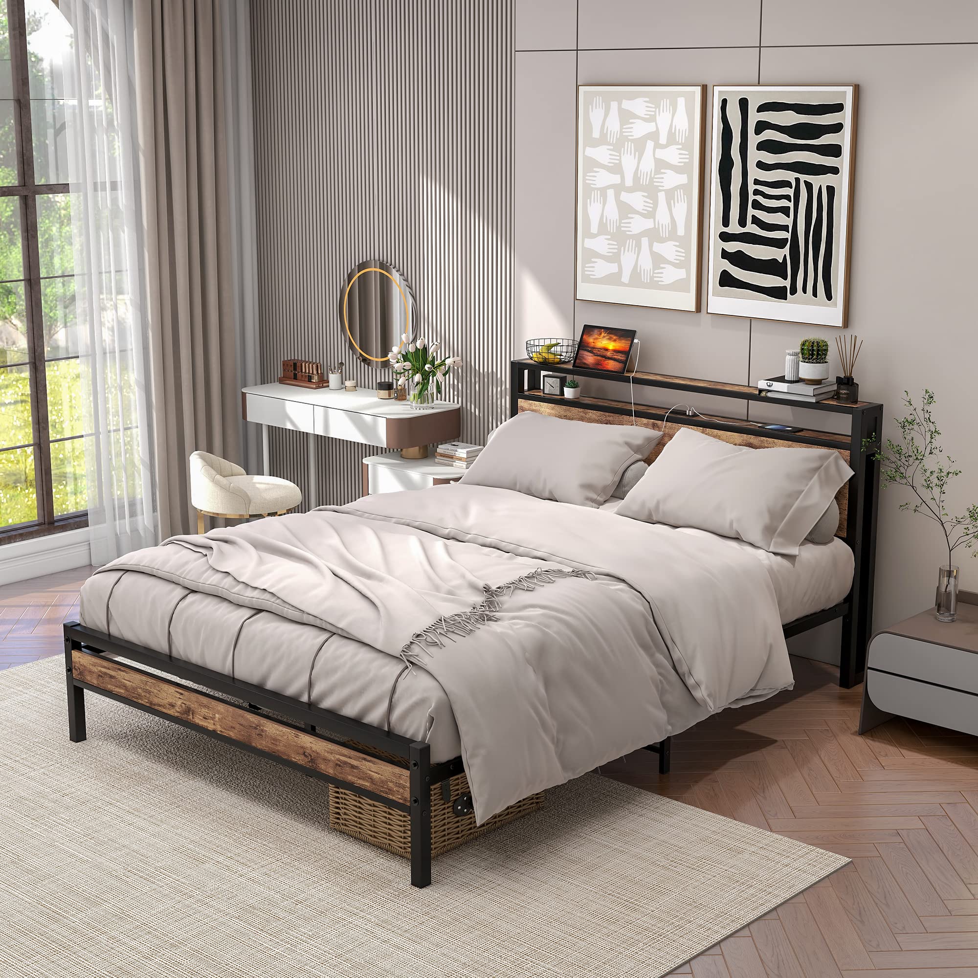 BOFENG Black Queen Size Bed Frame with 2-Tier Storage Headboard & USB Charging Station - Heavy Duty Platform Bed with Under Bed Storage - No Box Spring Needed - Noise Free & Rustic Brown Finish - Perfect for Small Bedrooms, Guest Rooms & Modern Apartments