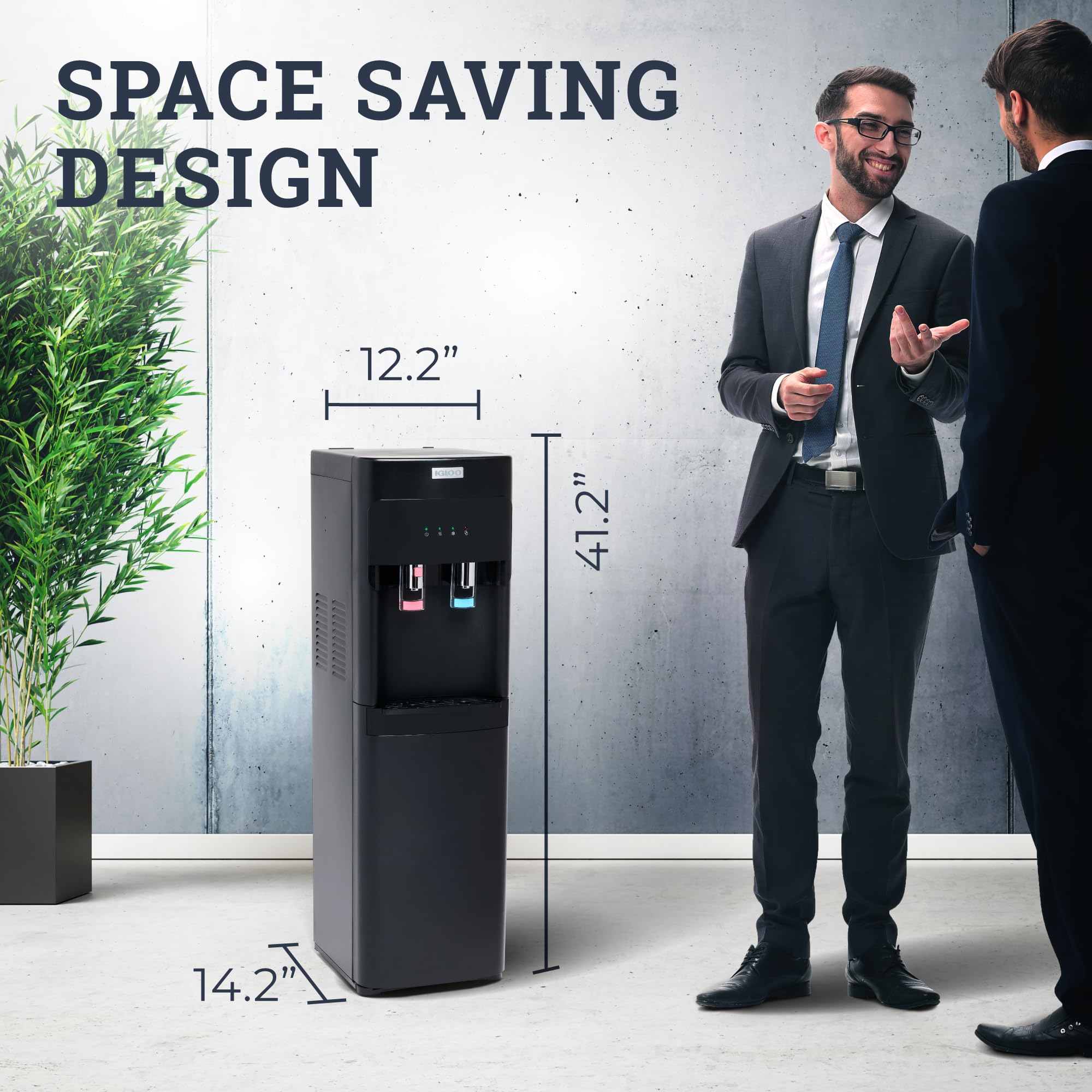 Igloo Hot and Cold Water Cooler Dispenser - 3/5 Gallon Bottle Capacity - Dual Temperature Spouts with Child Safety Lock - Bottom Loading Design (Black) - Perfect for Office, Home, and School Hydration