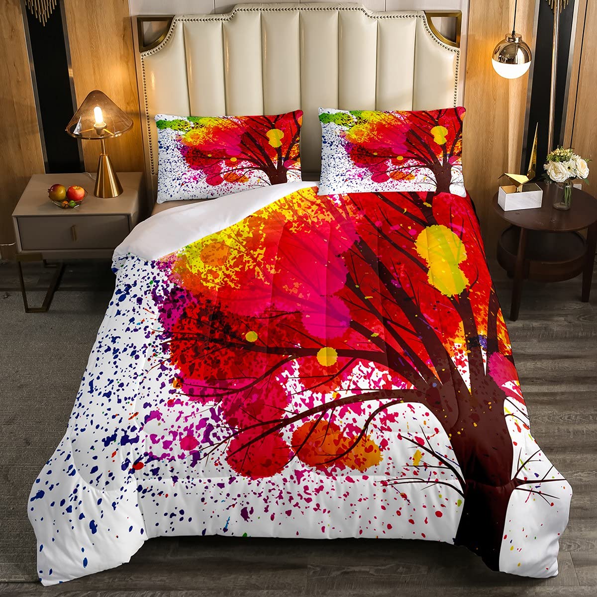 Hip Hop Graffiti Comforter Set with Abstract Tree Red Ink Painting - Twin Size Microfiber Bedding Set for Teens & Adults - Creative Artwork Quilt for Urban Bedroom Decor & Dorm Room Essentials