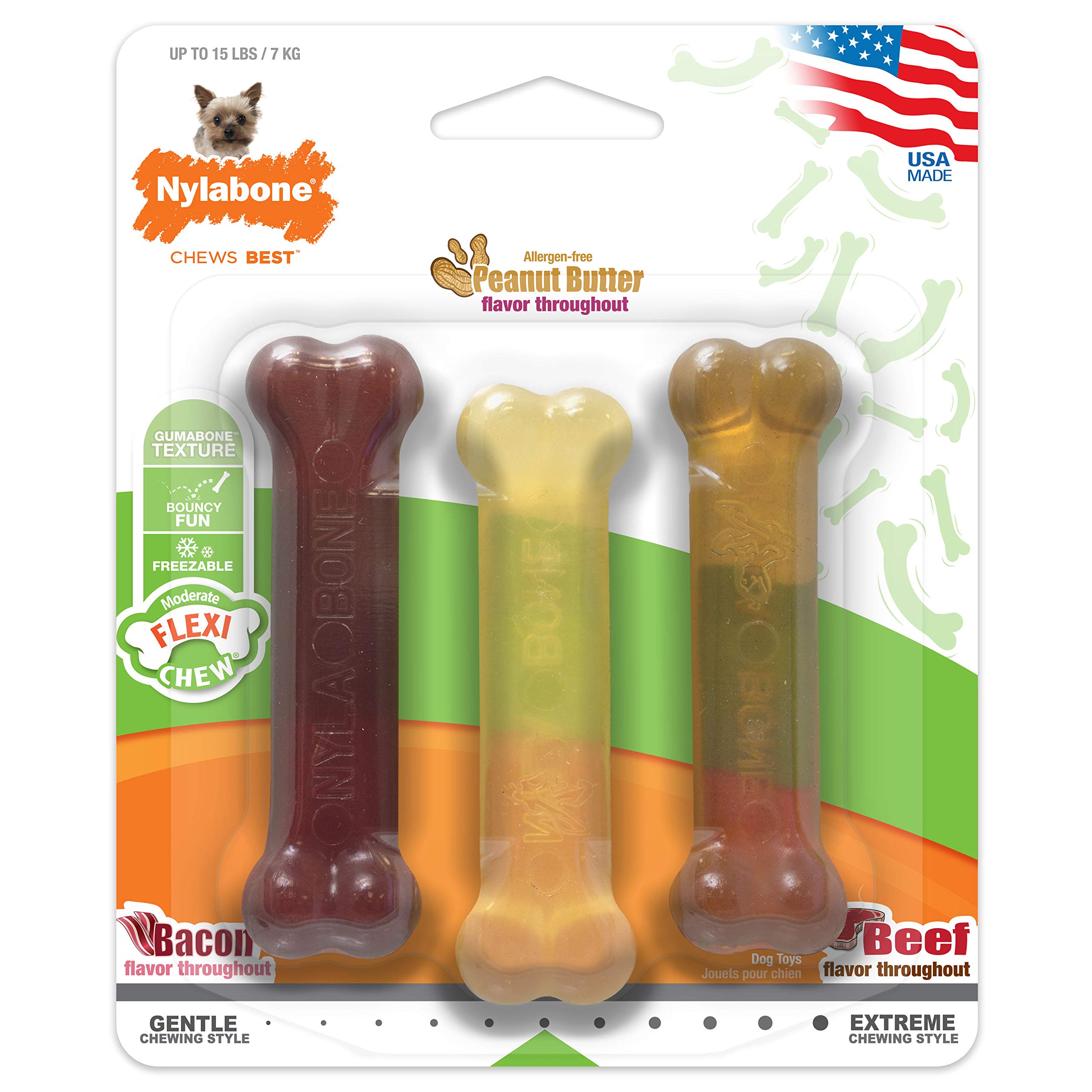 Nylabone Original Bone Flexi Chew Toy for Small Dogs - 3 Pack, Bacon, Peanut Butter & Beef Flavored - Durable Dog Toys for Moderate Chewers Up to 15 lbs | Perfect for Teething Puppies, Indoor Play & Dental Health