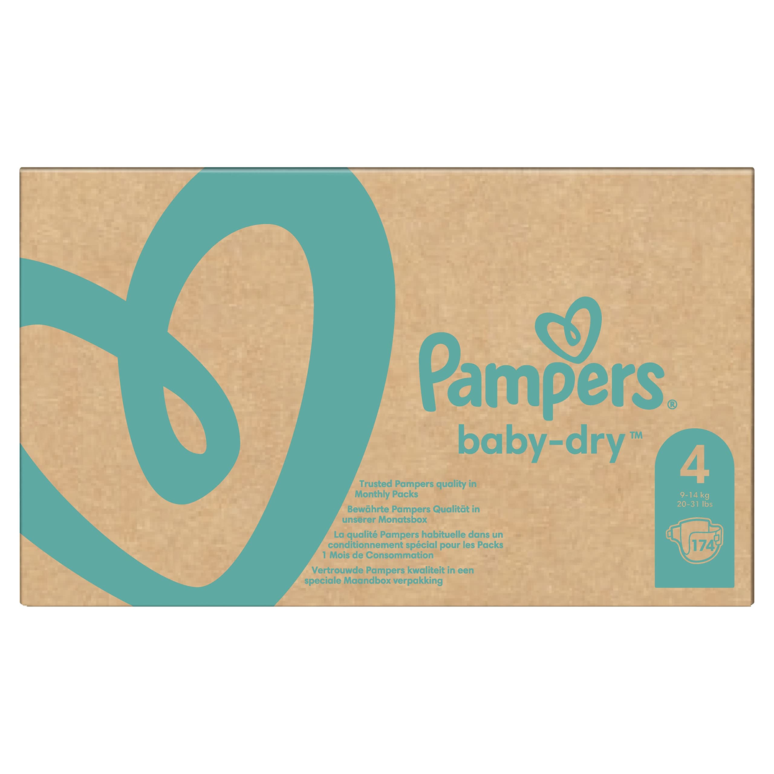 Pampers Size 4 (9-14 kg) Baby-Dry Diapers, 174 Count - 1 Month Supply, Up to 12 Hours of Leak Protection with Double Barrier - Perfect for Overnight Use and Active Babies