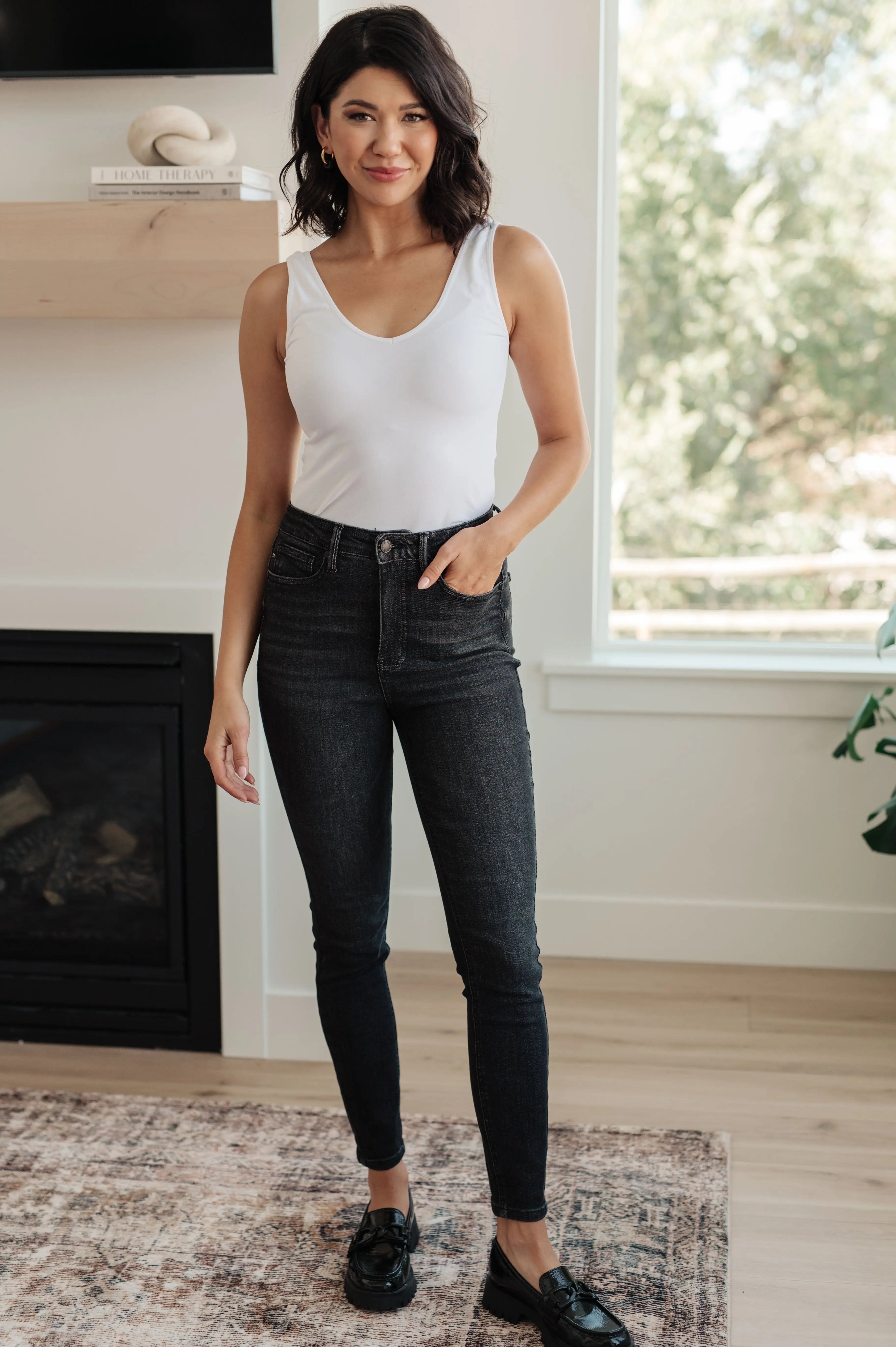 Octavia High Rise Control Top Skinny Jeans for Women - Washed Black Denim Pants, Tummy Control Slim Fit Jeans | Perfect for Work, Date Night & Casual Outfits
