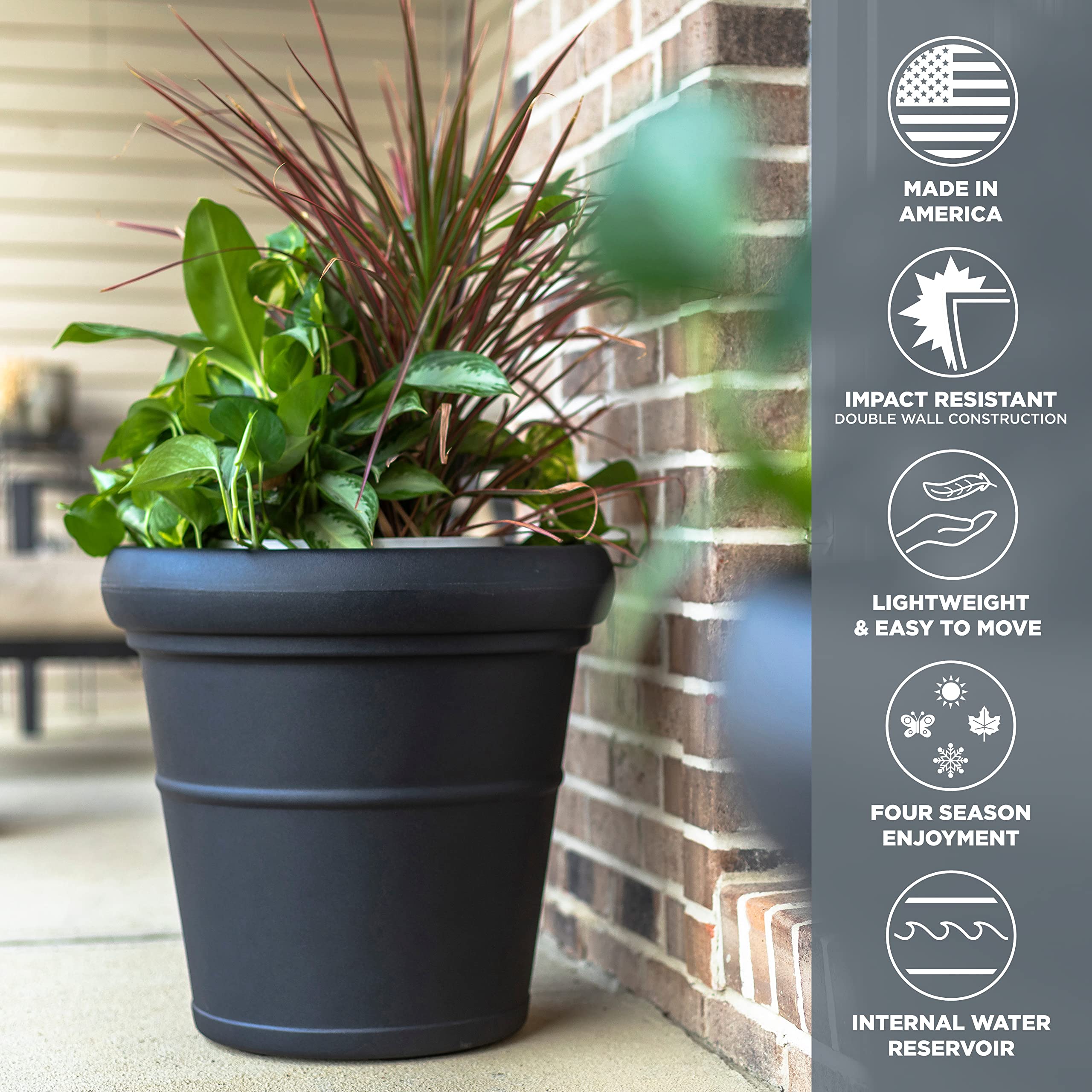 Step2 Claremont Tall Round Planter - 2 Pack Large Outdoor Planters for Gardening, Flowers & Patio Decor - Durable Plastic with Efficient Drainage (Onyx Black) - Perfect for Porch, Deck & Backyard Landscaping