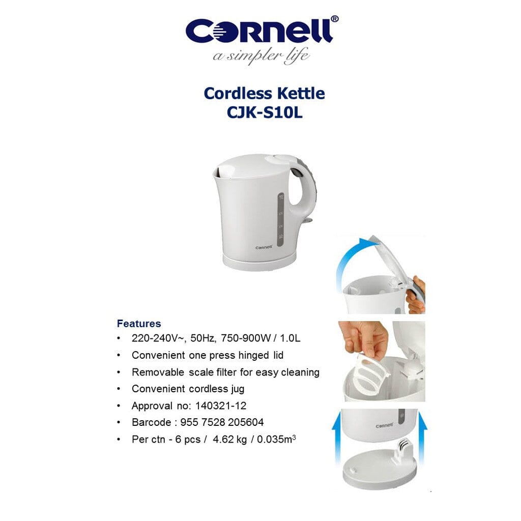 Cornell 1L Electric Jug Kettle - Fast Boiling, Auto Shut-Off, BPA-Free - Perfect for Home, Office & Dorm Use