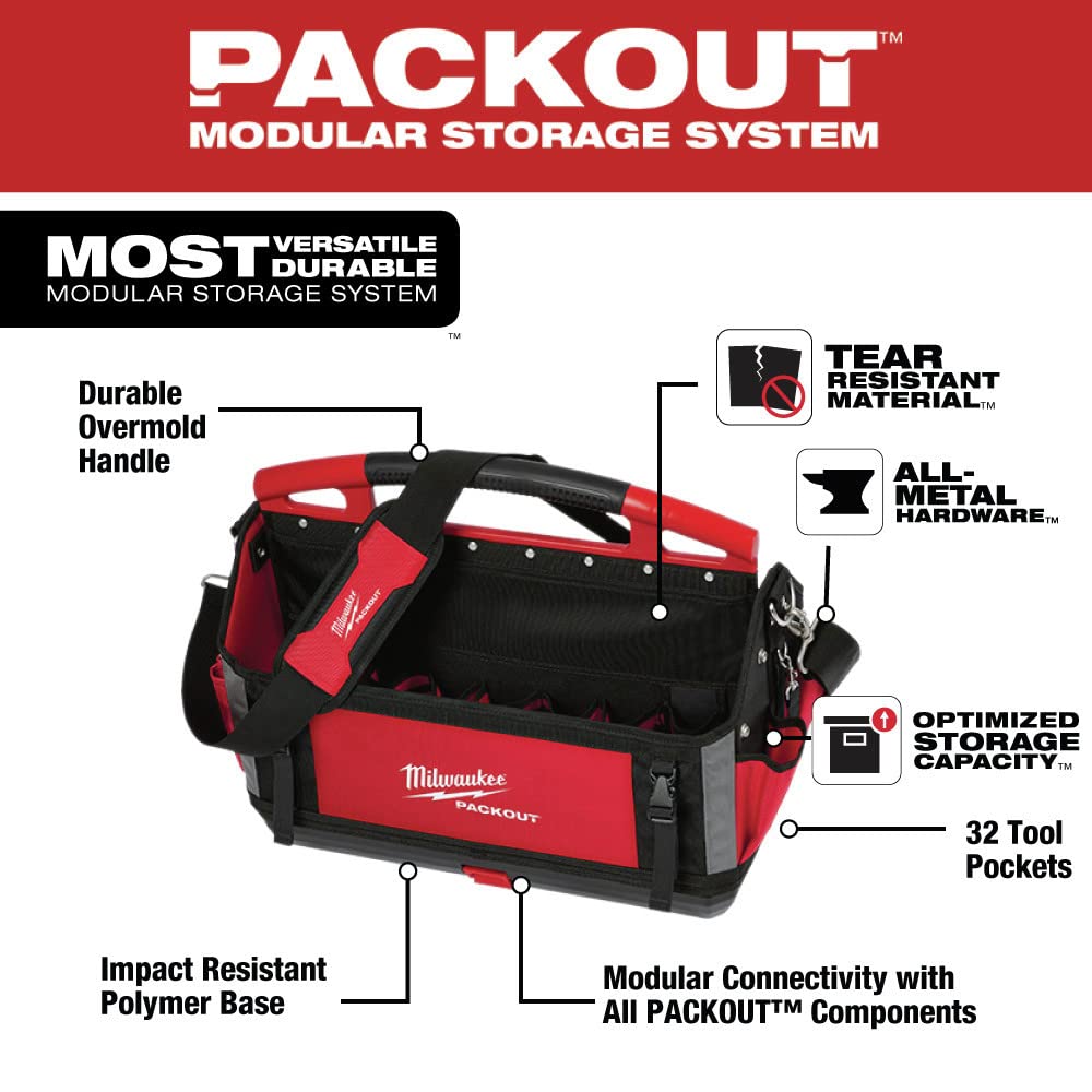 Milwaukee 48-22-8320 Packout 20-Inch Heavy Duty Storage Tote with Reinforced Handles - Waterproof Tool Organizer for Construction, Job Site & Garage Organization