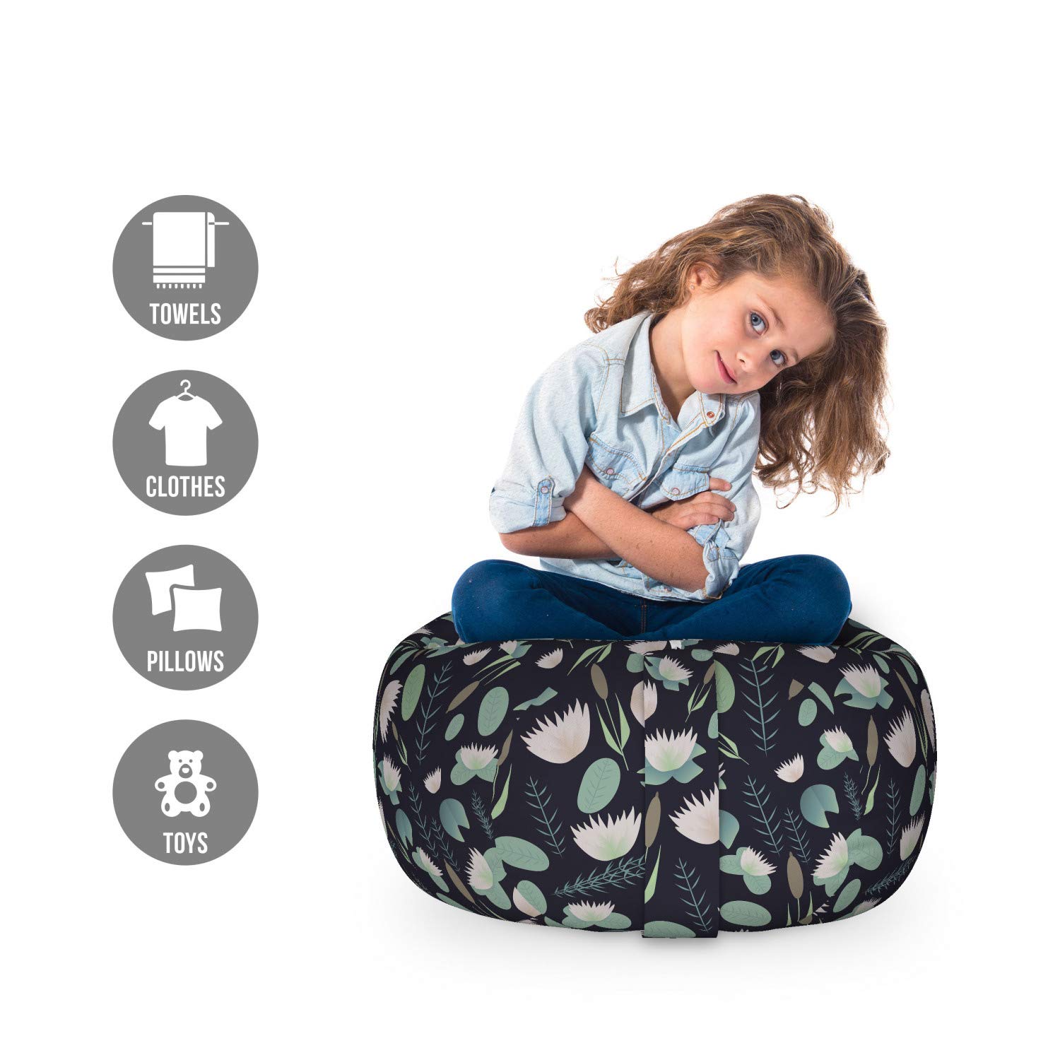 Ambesonne Washable Toy Storage Bag Chair - Small Size, Cadet Blue & Night Blue, Stuffed Animal Organizer with Eastern Lake Leaf Design | Perfect for Kids' Room, Nursery, Playroom & Dorm Organization