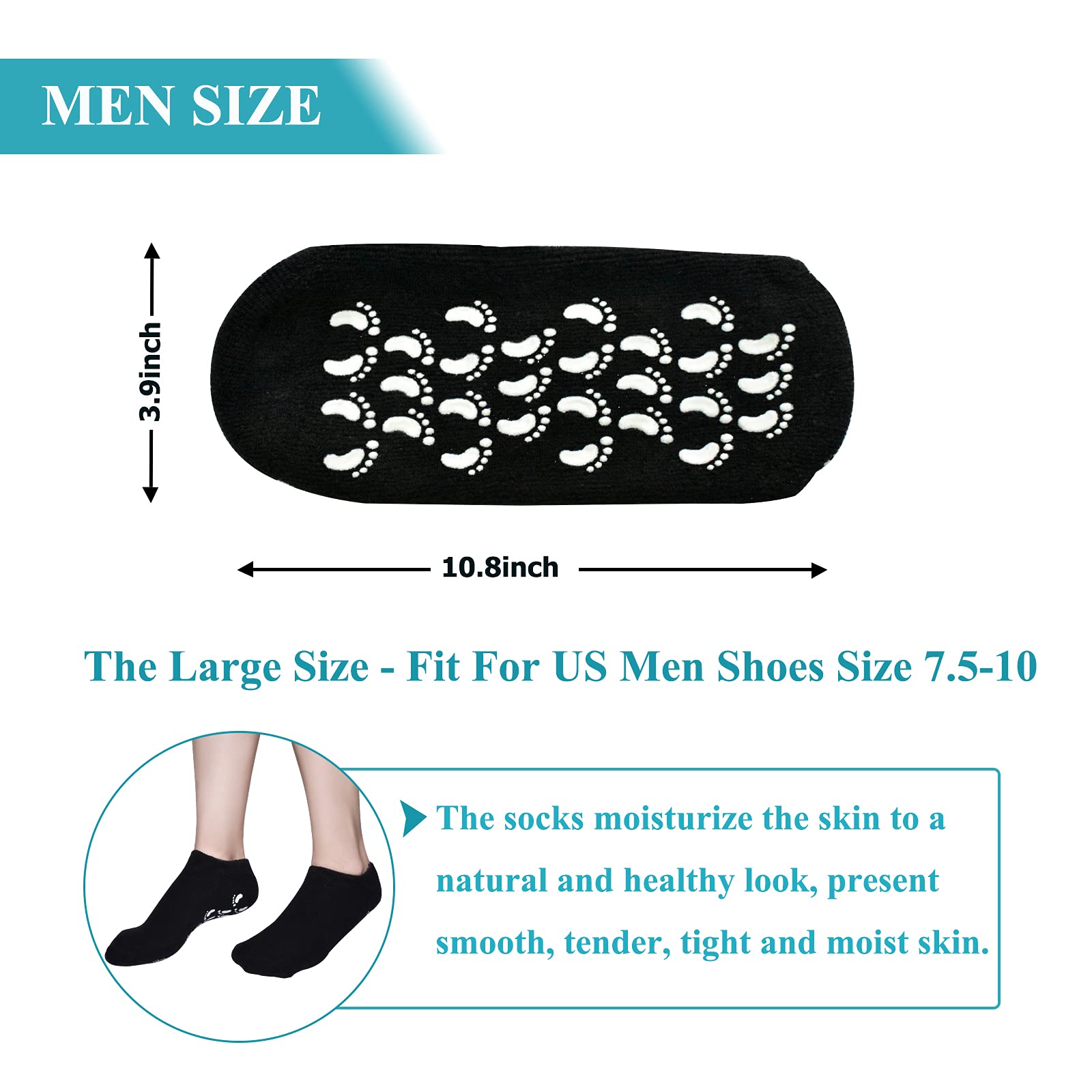 Moisturizing Gel Socks for Men - Soft Spa Socks to Repair Dry Cracked Feet - Black Hydrating Foot Care for Cracked Heels & Rough Skin - Perfect for Night Treatment, Pedicures & Winter Foot Care