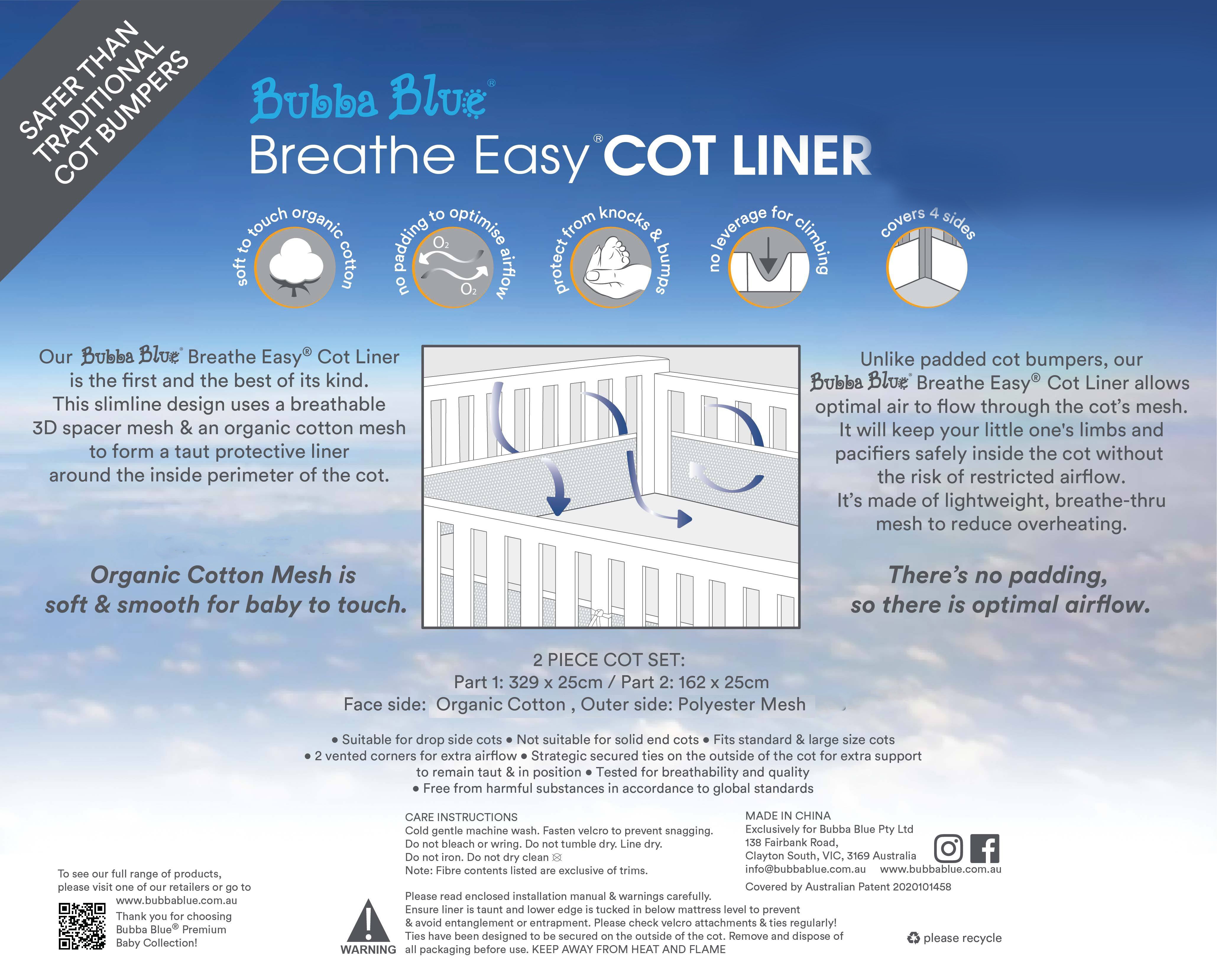 Breathe Easy® White Cot Liner - Soft, Breathable Baby Crib Mattress Cover for Safe & Comfortable Sleep - Perfect for Nursery, Daycare & Travel