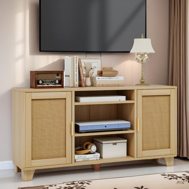 YITAHOME 65 Inch TV Stand with Rattan Doors - Boho Entertainment Center with Storage Cabinets & Adjustable Shelves, Long Media Console for Living Room, Bedroom, or Home Theater
