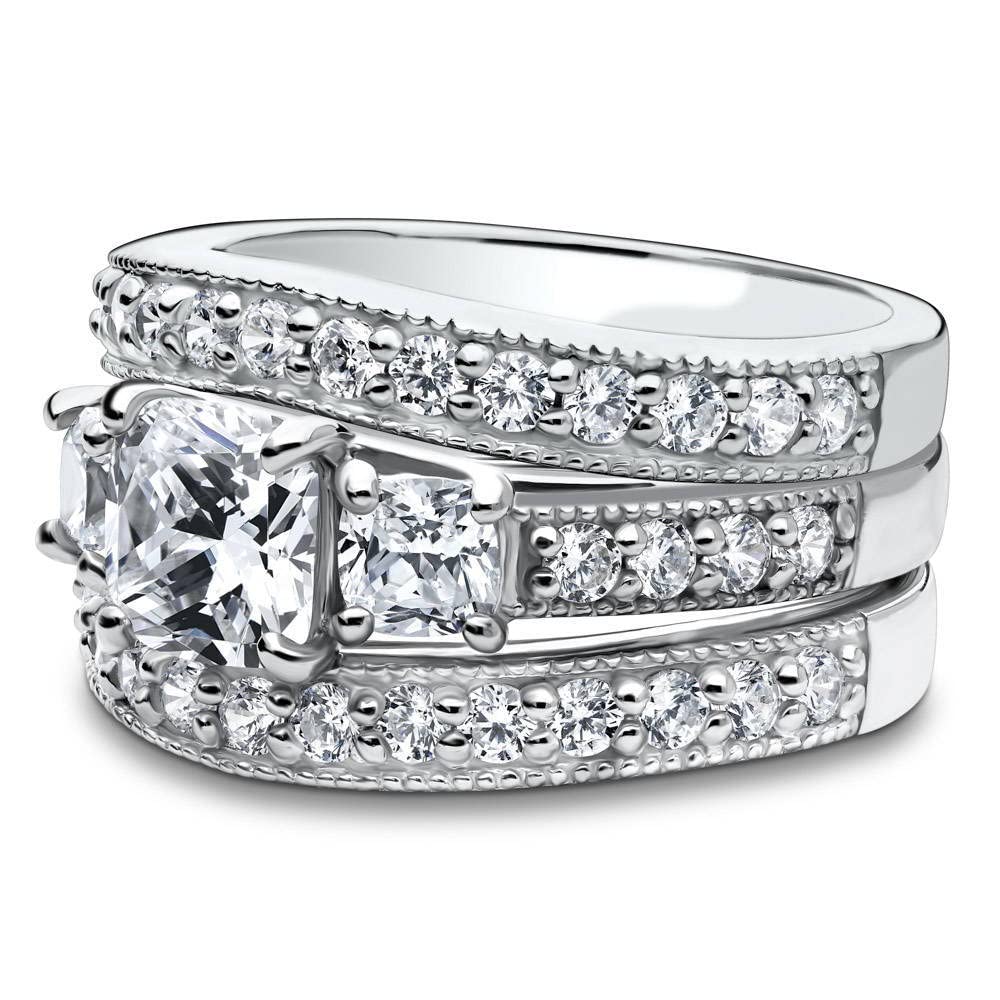 BERRICLE Sterling Silver 3-Stone Wedding Engagement Ring Set for Women - 1.5 Carat Cushion Cut Cubic Zirconia CZ, Rhodium Plated, Size 4-10 | Perfect for Proposals, Anniversaries & Bridal Jewelry