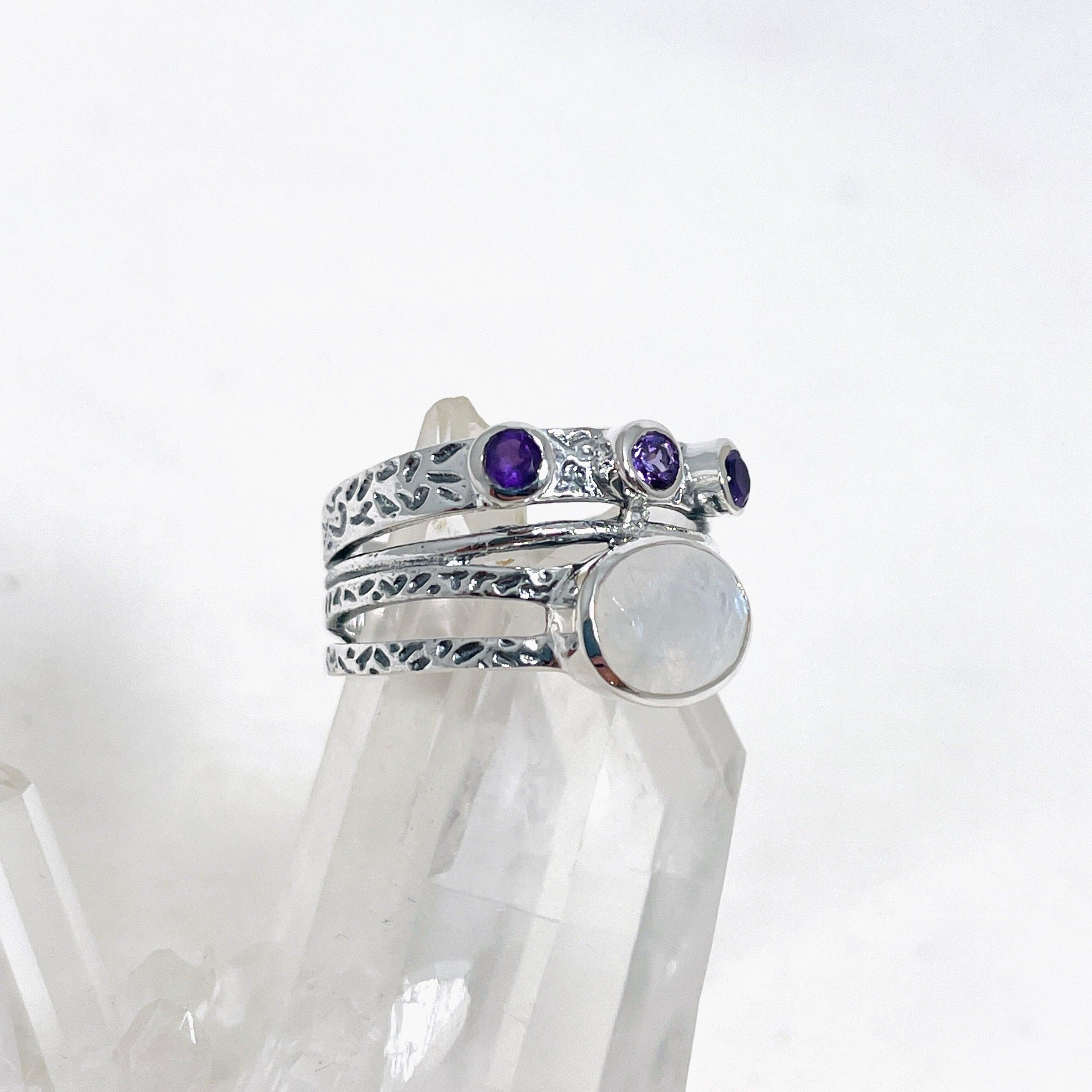 Moonstone & Amethyst Faceted Gemstone Ring R3783 - Elegant Handmade Jewelry for Women, Perfect for Weddings, Parties & Special Occasions