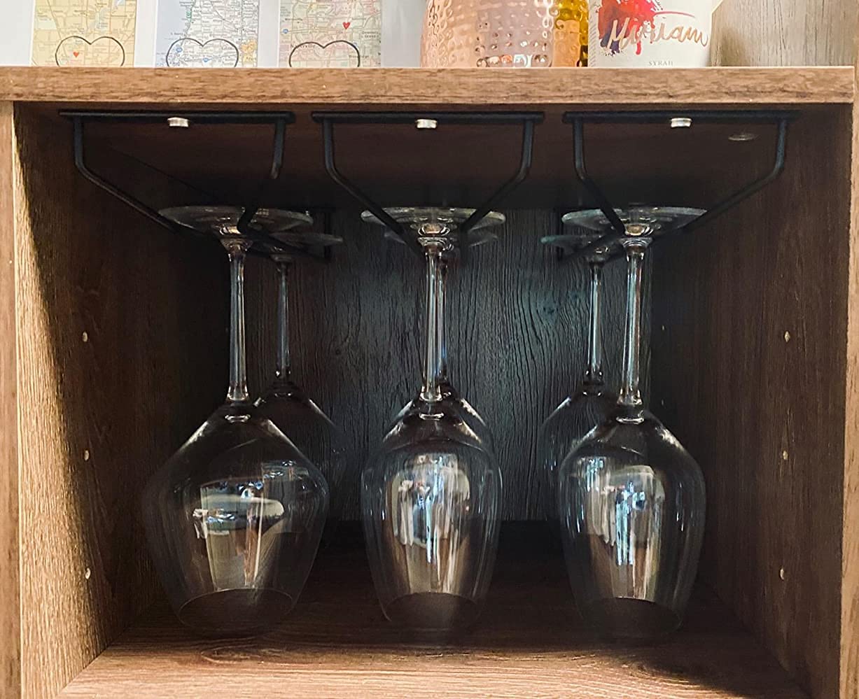 14-Inch Black Stainless Steel Under Cabinet Wine Glass Rack - Hanging Stemware Holder for Kitchen, Bar & Cabinet Storage (Set of 4) - Perfect for Organizing Wine Glasses & Saving Space