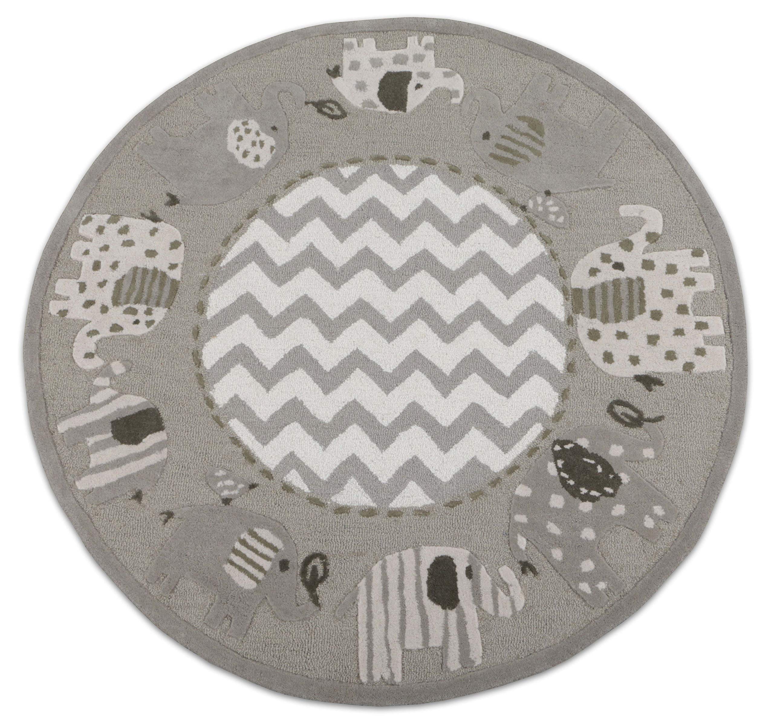 5'x5' Round Handmade Tufted Wool Rug with Ganesha Zigzag Design in Elephant Gray - Perfect for Kids' Room, Nursery, or Play Area Decor