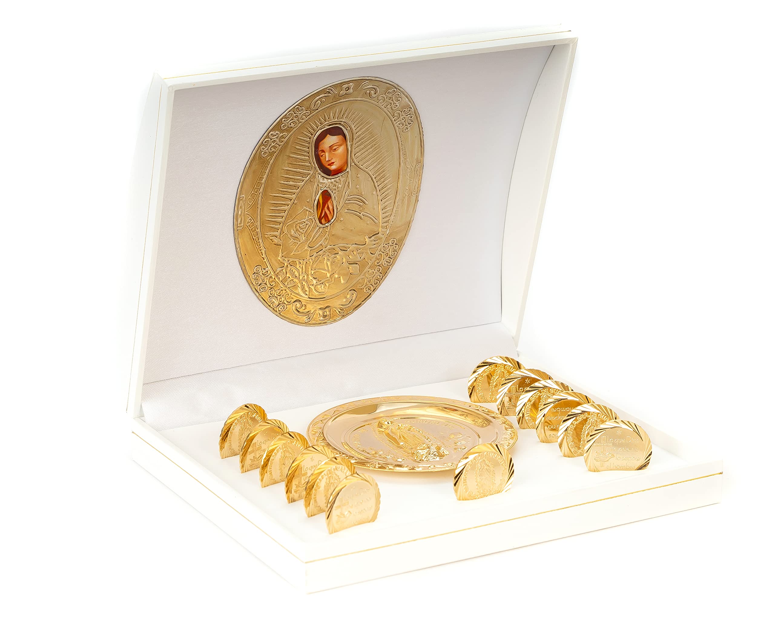 Wedding Unity Coins Set - Classic Gold-Plated Ceremony Arras with White Decorated Case & Our Lady of Guadalupe Tray - Perfect for Catholic Weddings, Vow Renewals, and Anniversary Celebrations