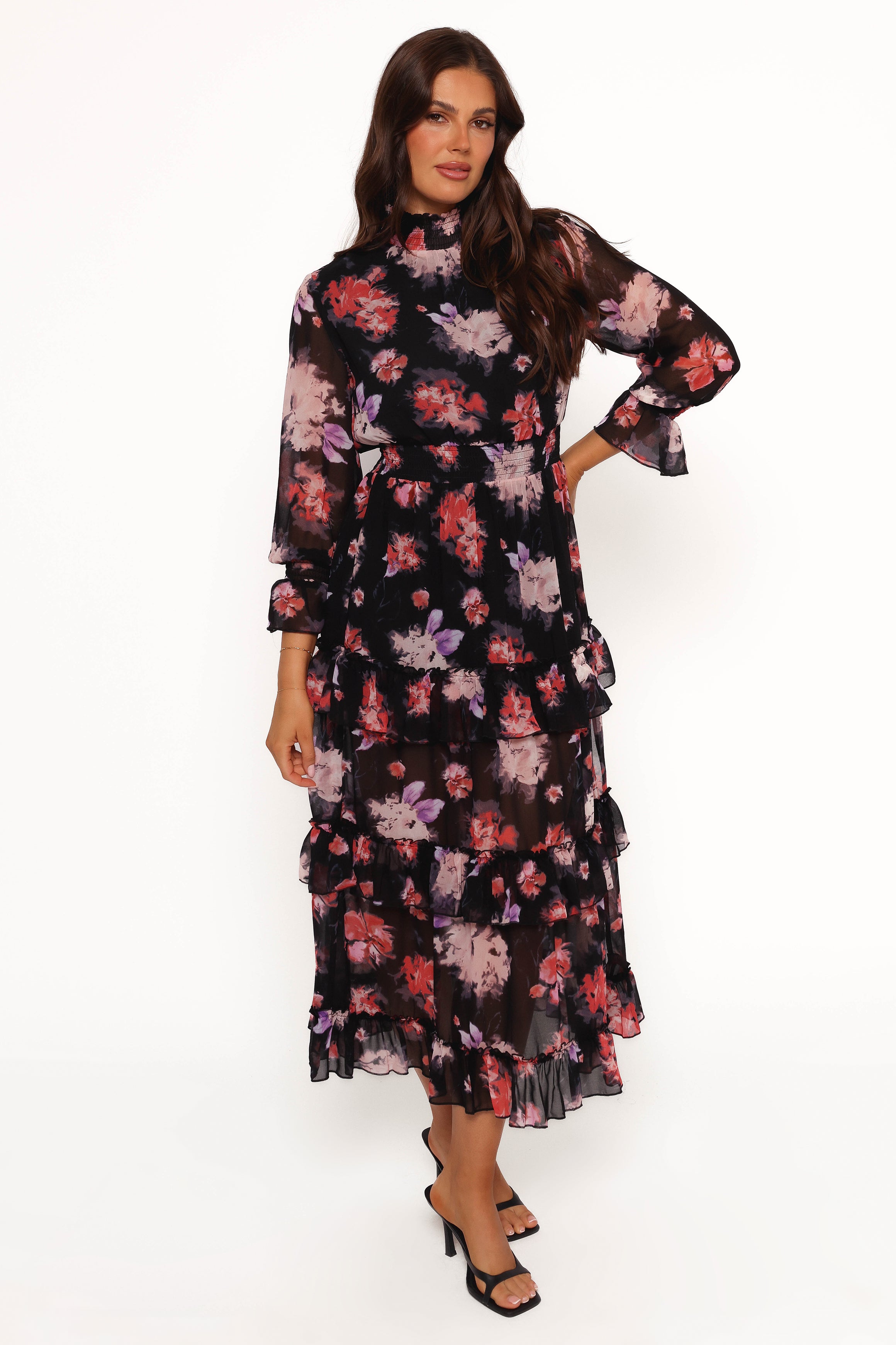 Isadora Long Sleeve Maxi Dress - Black Blurred Floral Print Women's Elegant Evening Gown for Parties, Weddings & Special Occasions