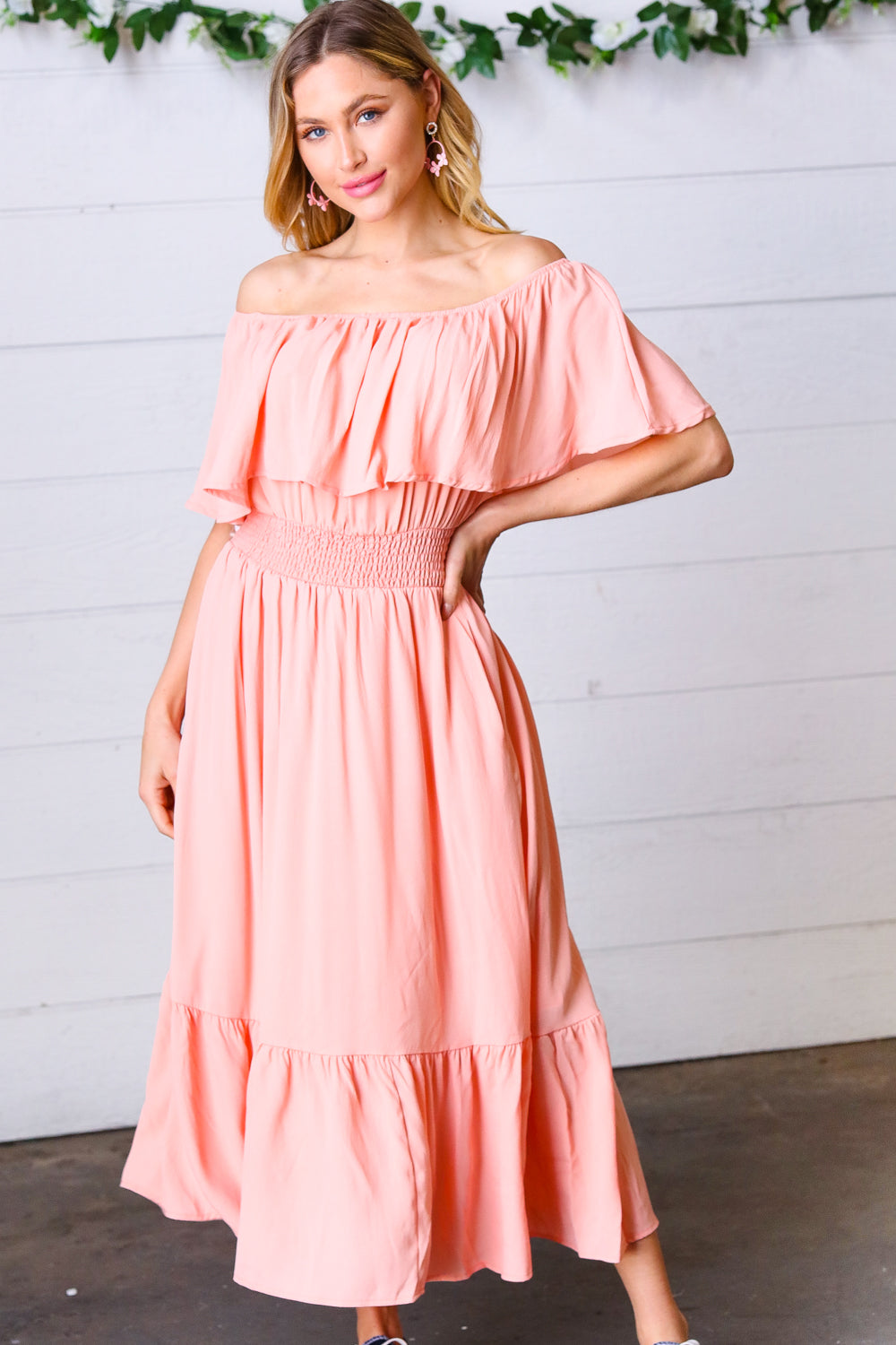 Coral Off-Shoulder Smocked Waist Ruffle Sleeve Midi Dress for Women - Summer Beach Party, Wedding Guest, Date Night Outfit