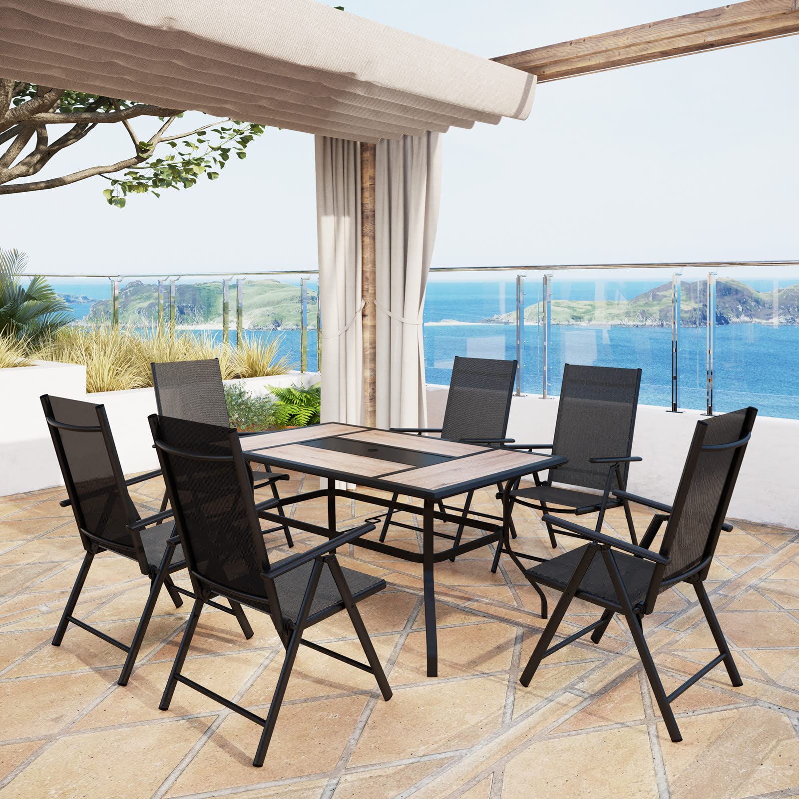 MFSTUDIO 6-Piece Outdoor Dining Set with Adjustable Aluminum Folding Chairs & Wood-Like Table - Patio Furniture for Garden, Backyard, and Poolside Dining - Black