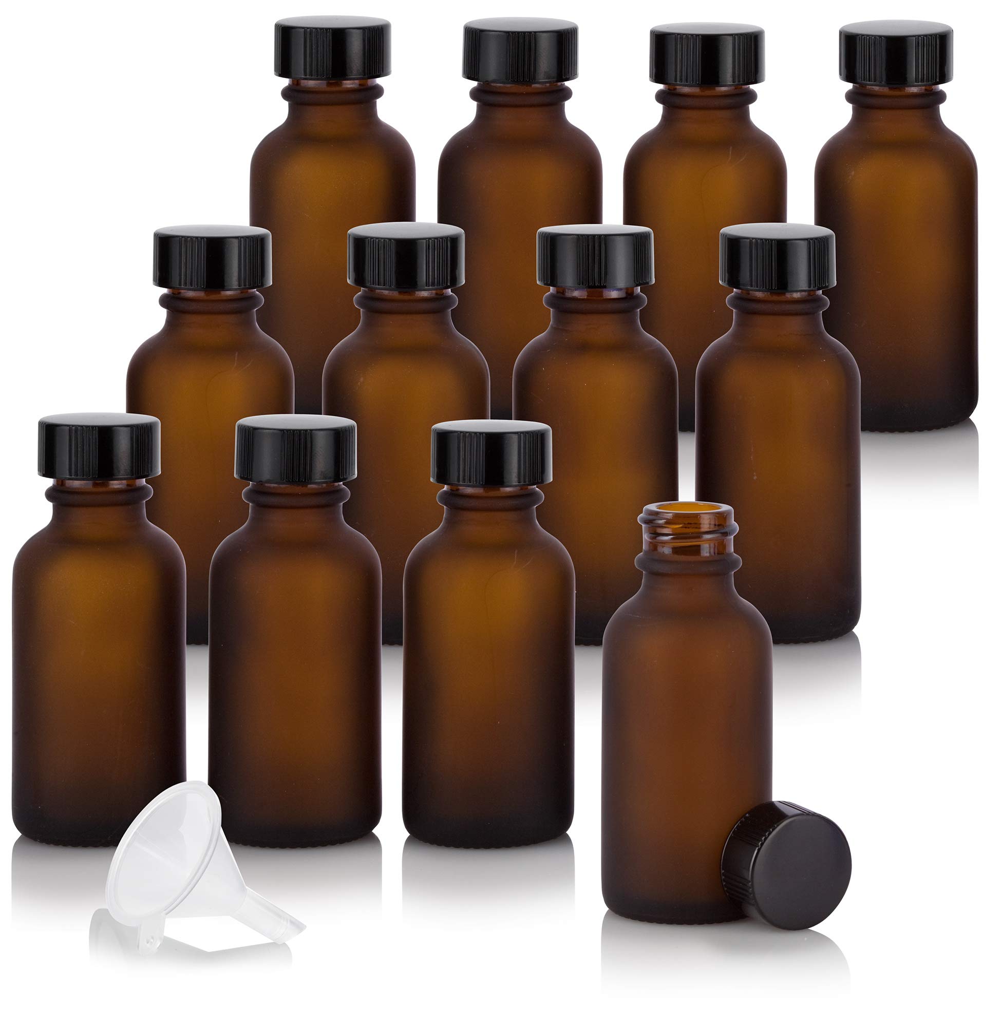 JUVITUS 12 Pack 1 oz Frosted Amber Glass Boston Round Bottles with Airtight Phenolic Cap - Essential Oil Storage, DIY Beauty, Travel Containers - Includes Free Funnel for Easy Filling