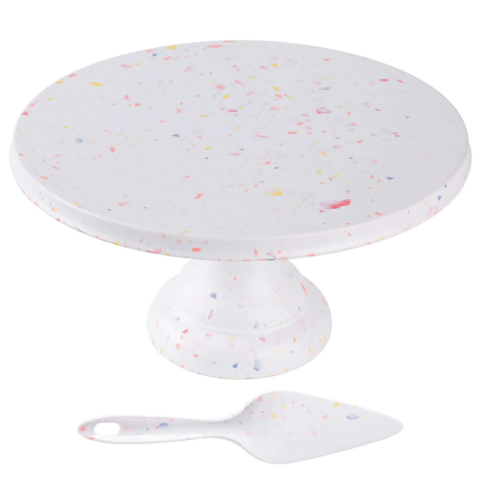 9.84 Inch Round Marble Cake Stand with Spatula - Bamboo Fiber Dessert Display Plate for Cupcakes, Cookies, Candies - Perfect for Birthday Parties, Weddings, Baby Showers & Events - Elegant Serving Tray for Home, Bakery & Catering Services